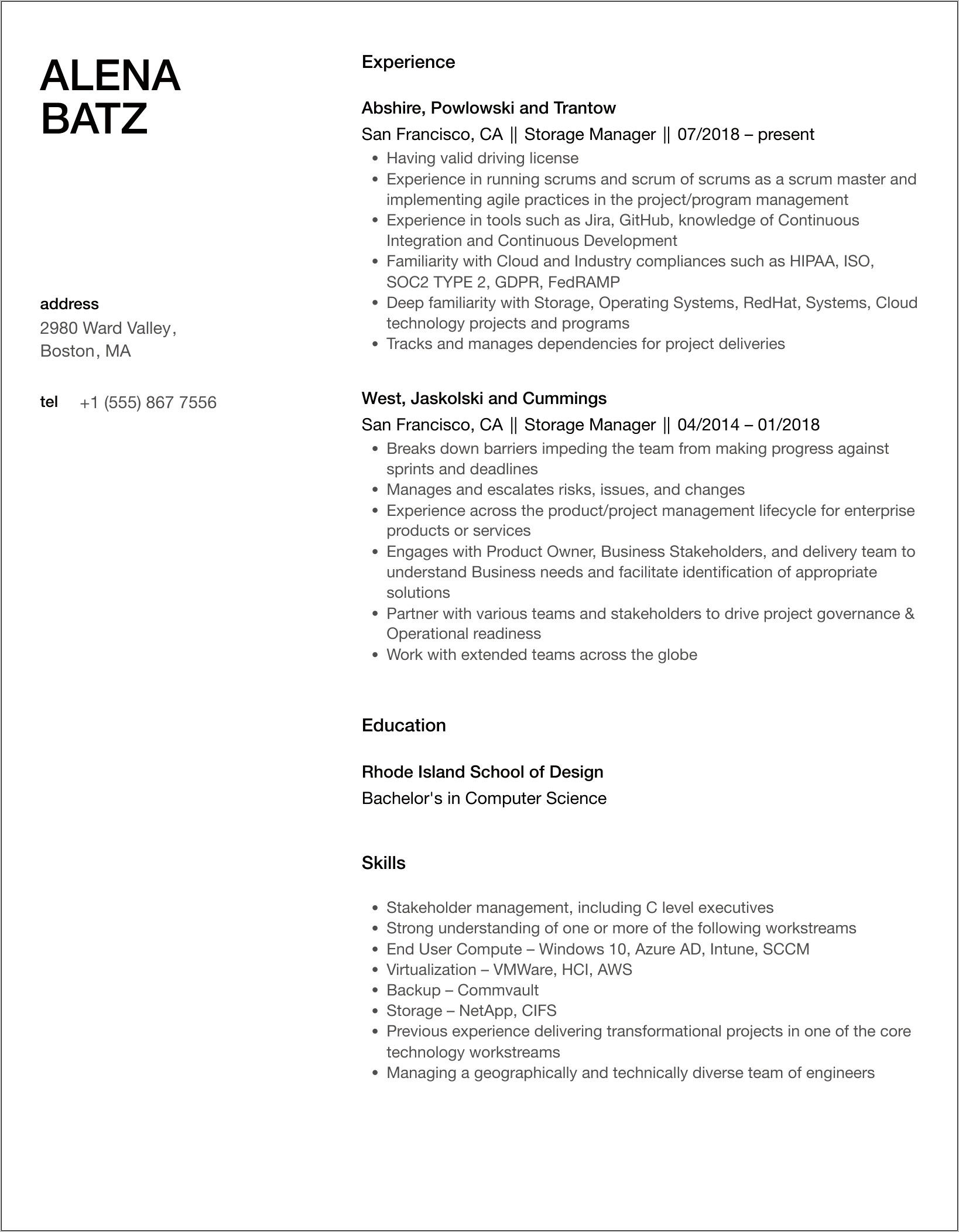 Storage Facilities Office Manager Resume