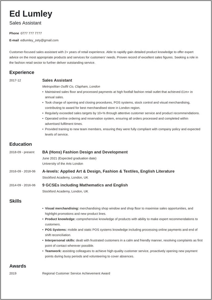 Store Assistant Resume Sample Format
