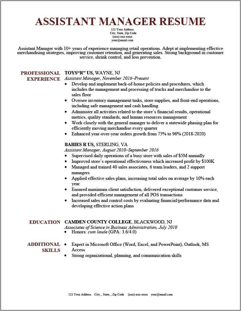 Store Manager Job Experience Resume