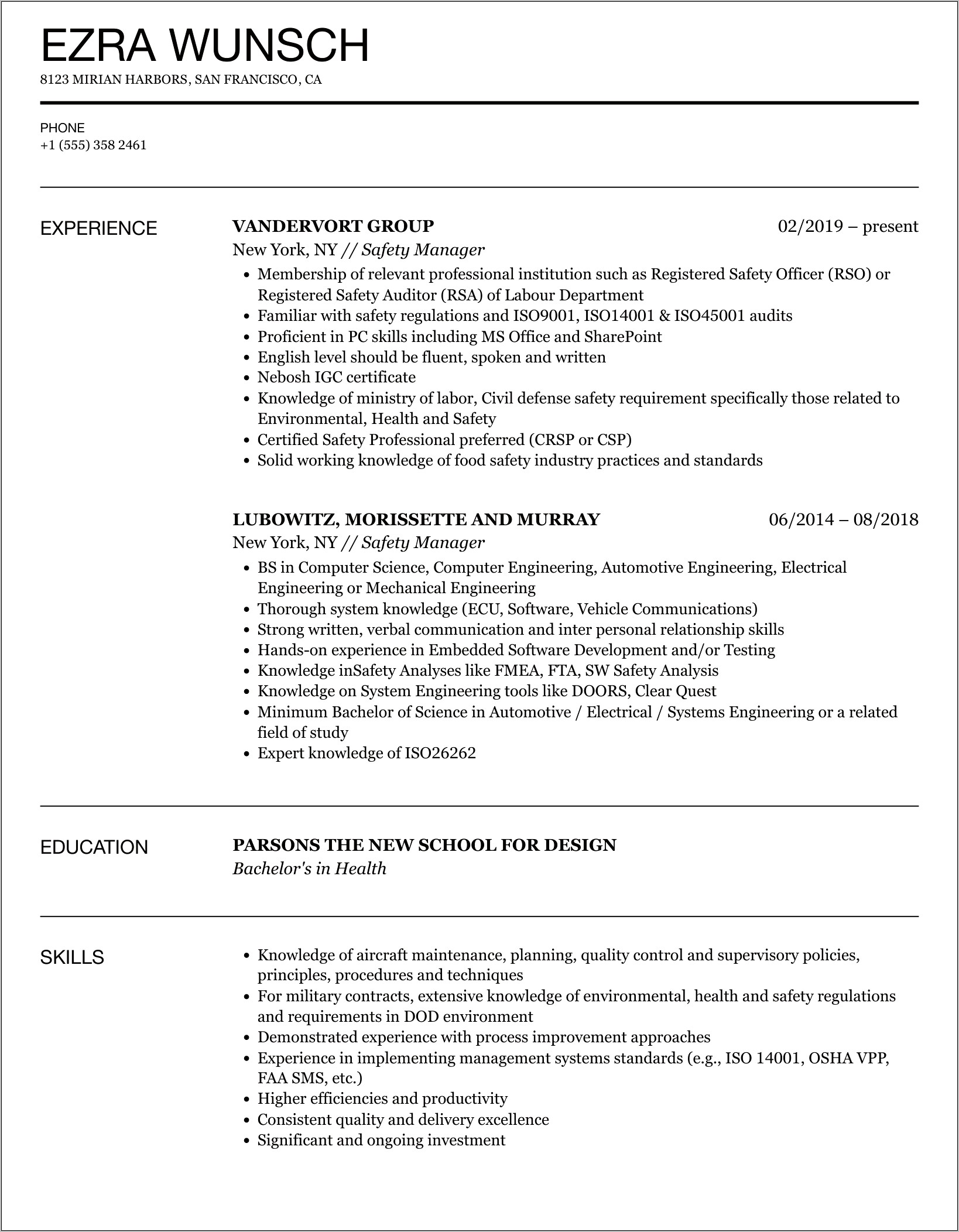 Summary For Safety Manager Resume