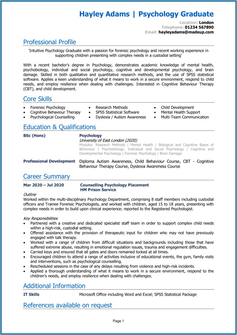 Summary Of Skills Psychology Resume