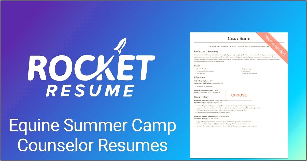 Summer Camp Counselor Resume Example