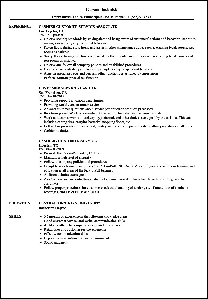 Supermarket Cashier Job Description Resume