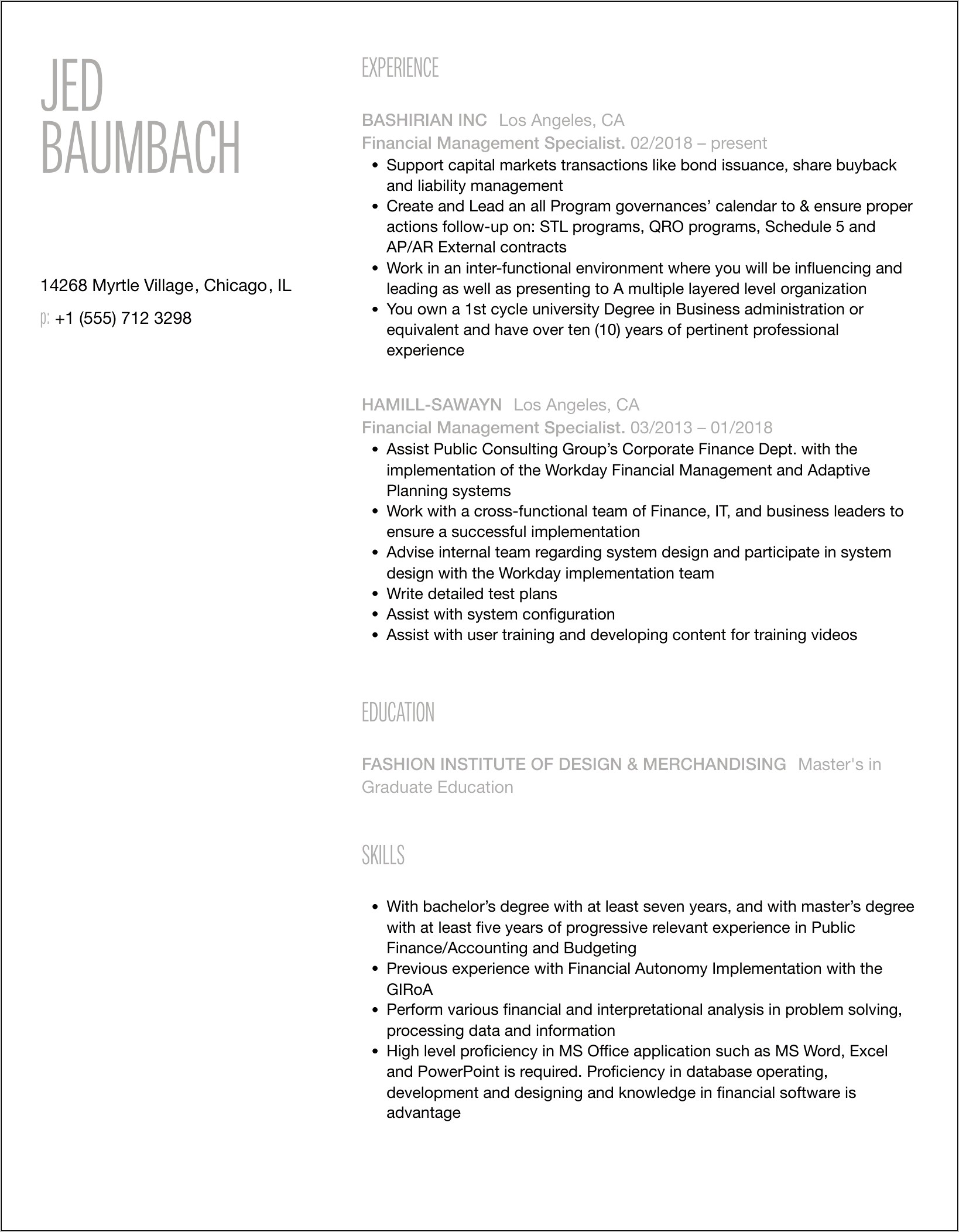 Supervisory Financial Management Specialist Resume