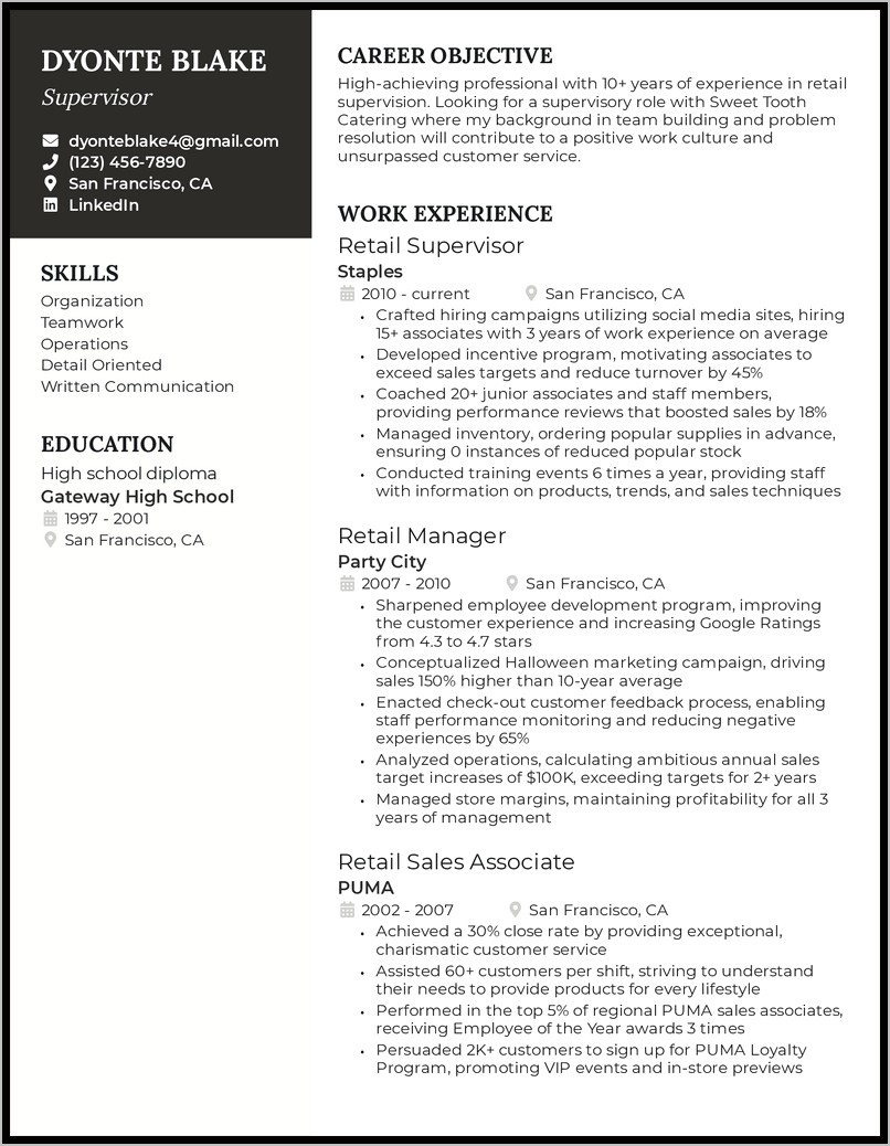 Supervisory Job List For Resume