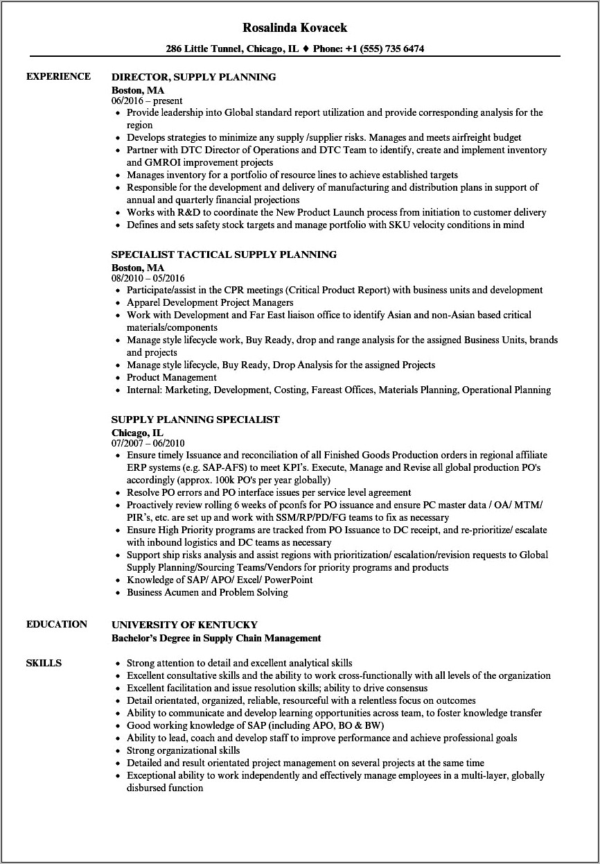 Supply Chain Planning Manager Resume