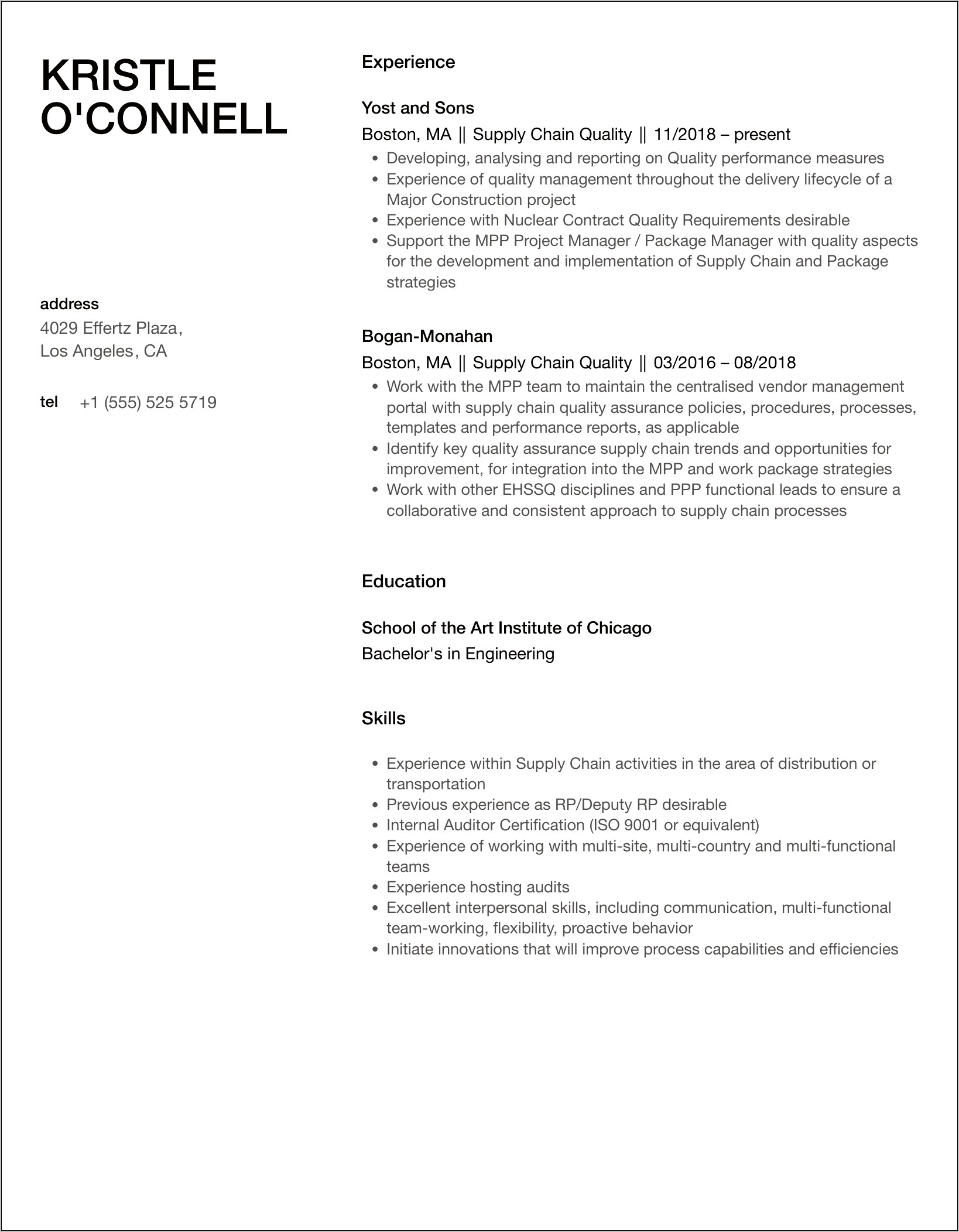 Supply Chain Quality Management Resume