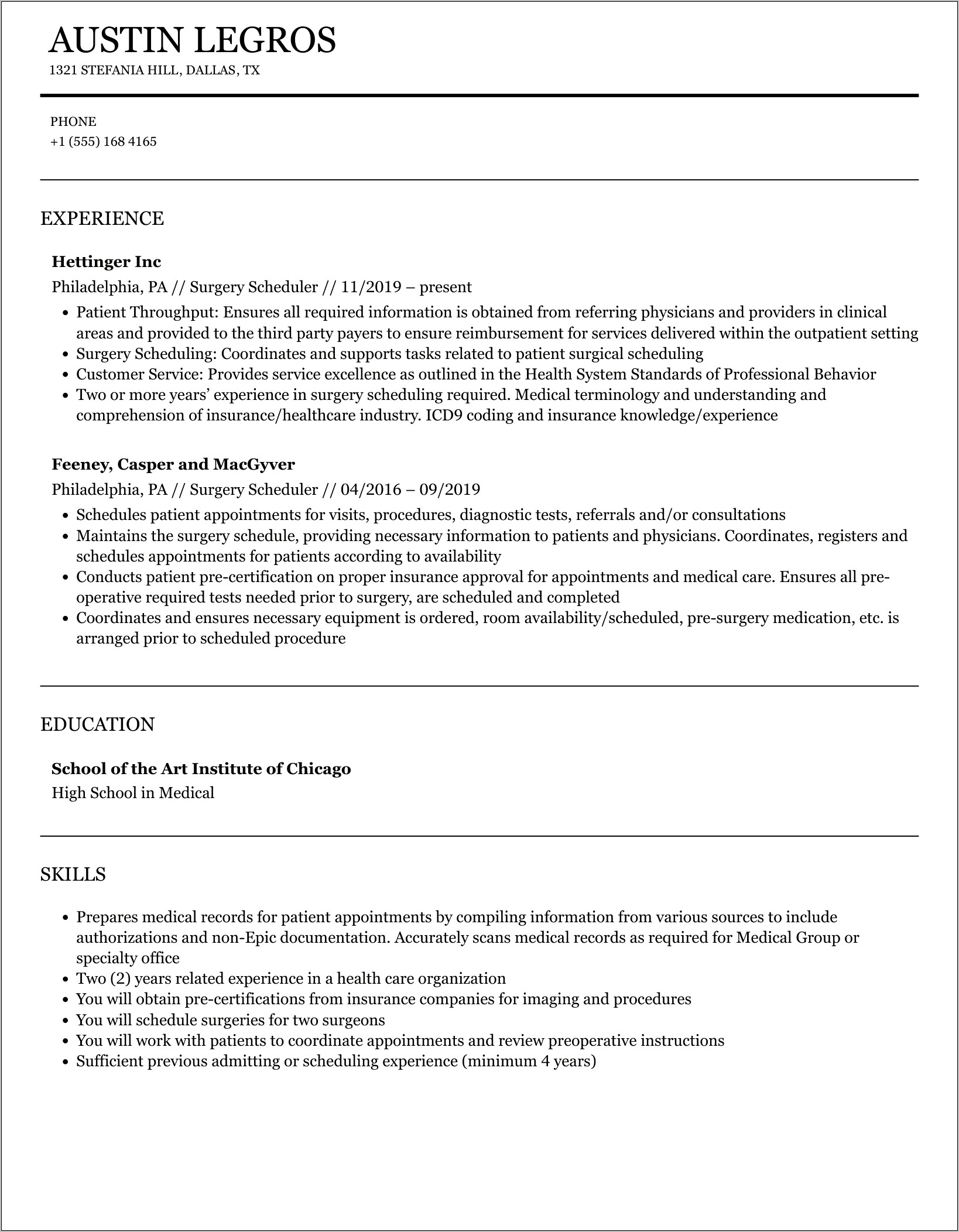 Surgical Surgery Scheduler Resume Sample