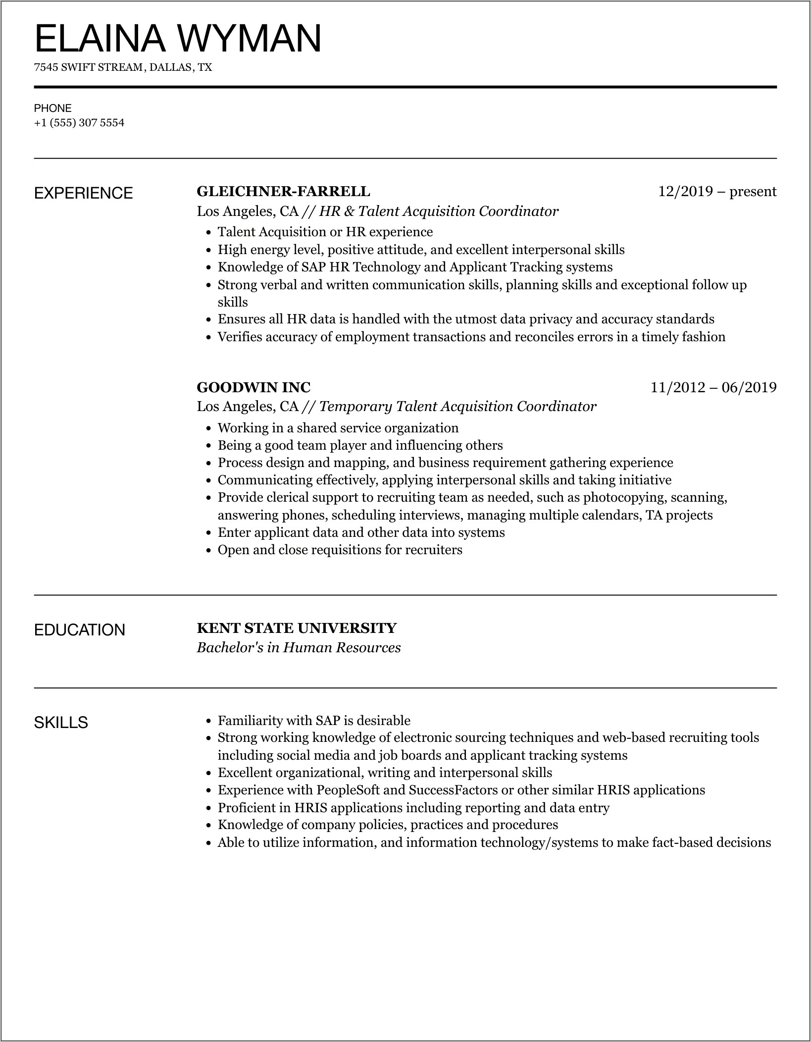 Talent Acquisition Coordinator Resume Objective