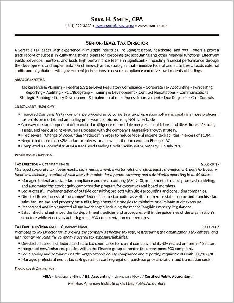 Tax Manager Big Four Resume