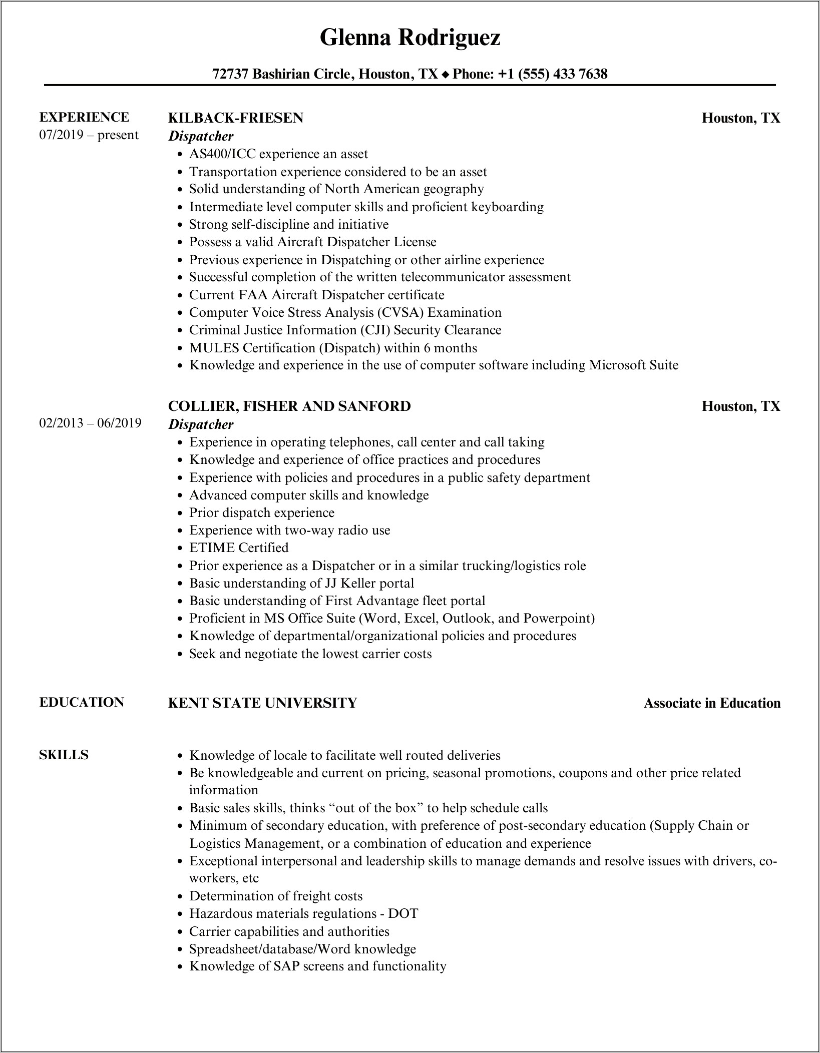 Taxi Dispatcher Job Description Resume