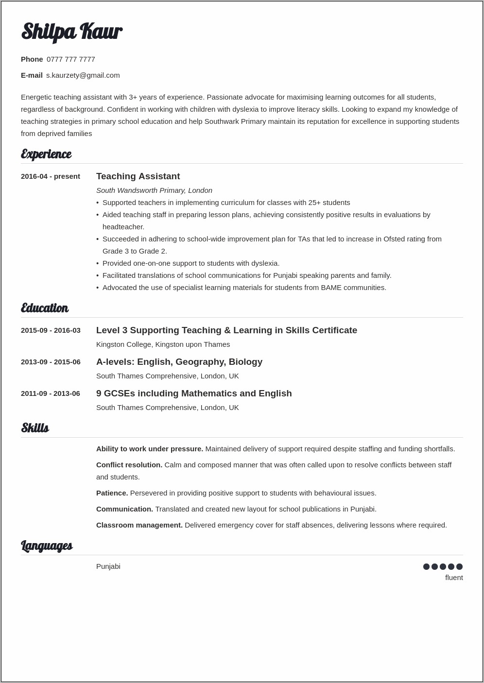 Teaching Assistant Objective For Resume