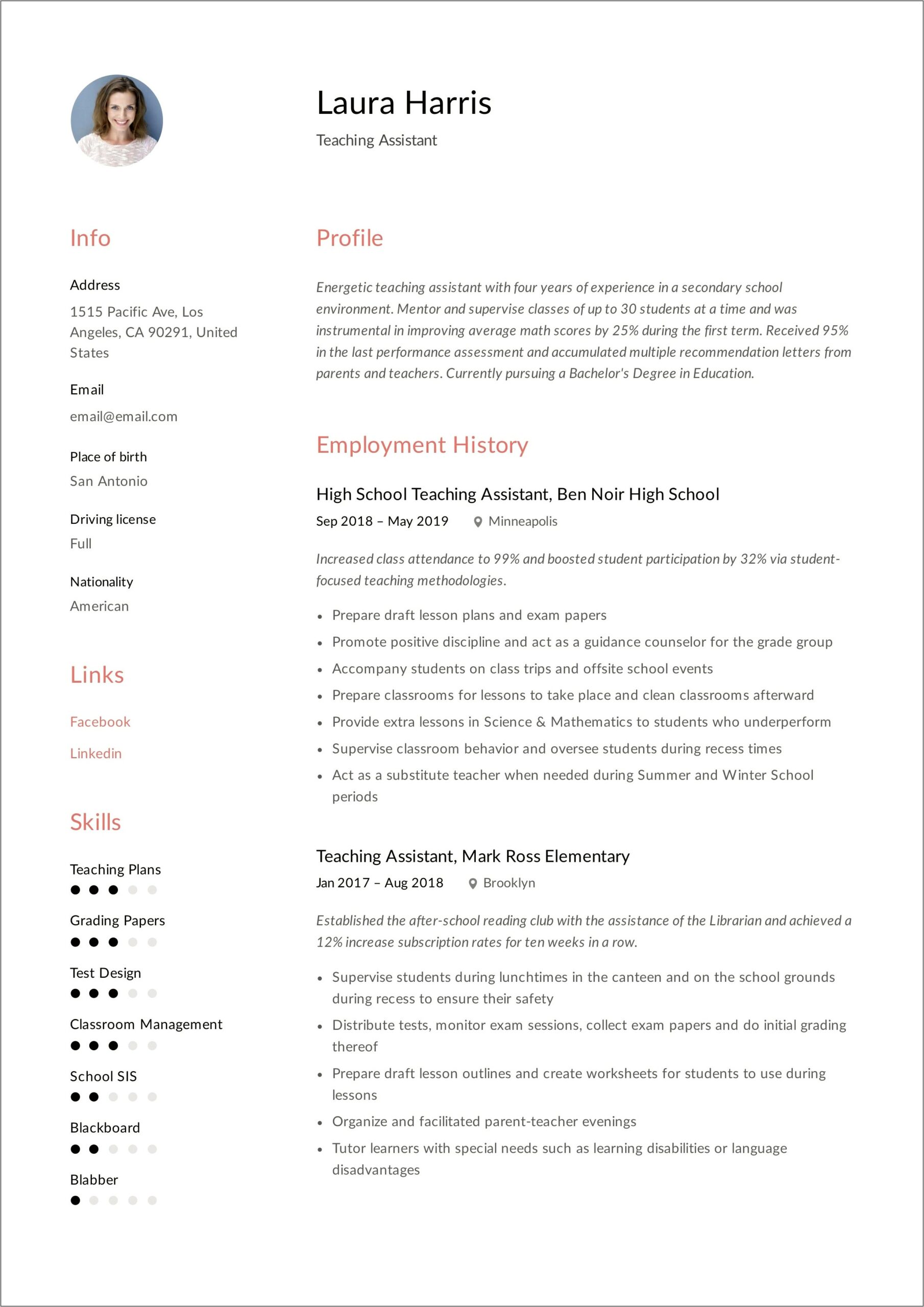 Teaching Assistant Resume 2019 Examples