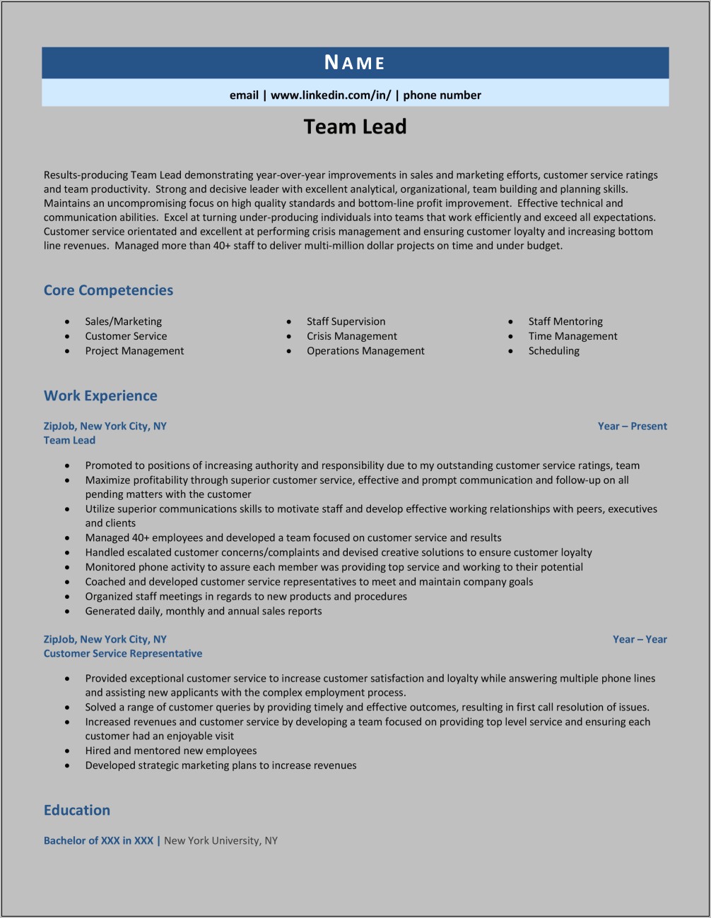 Team Lead Resume Format Sample