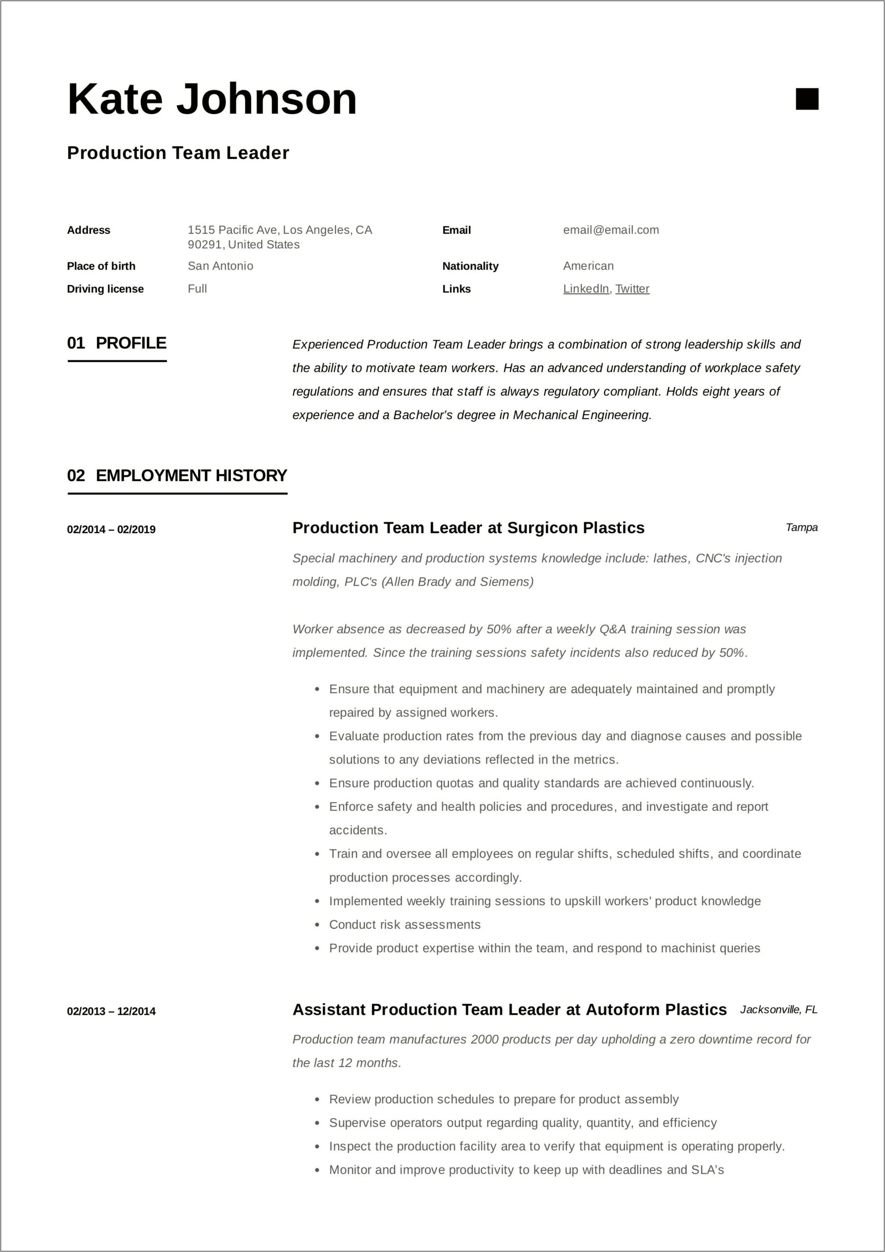 Team Member Production Resume Examples