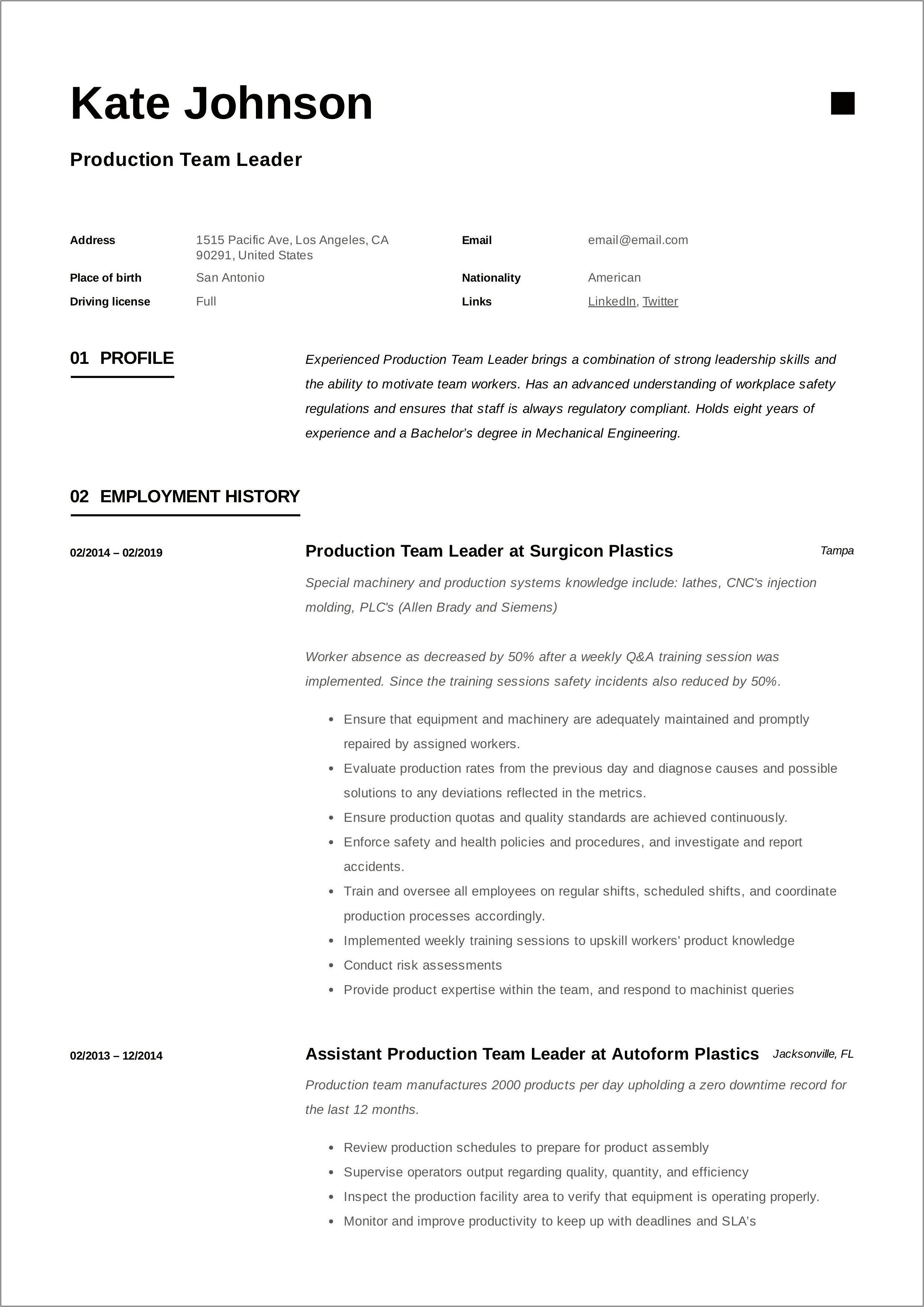 Team Member Production Resume Examples