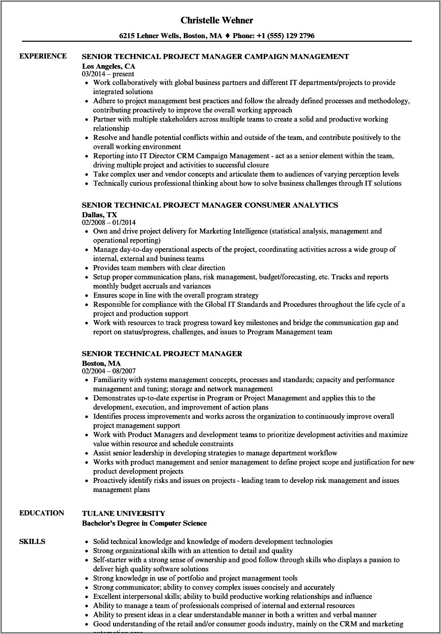 Tech Project Manager Resume Havard