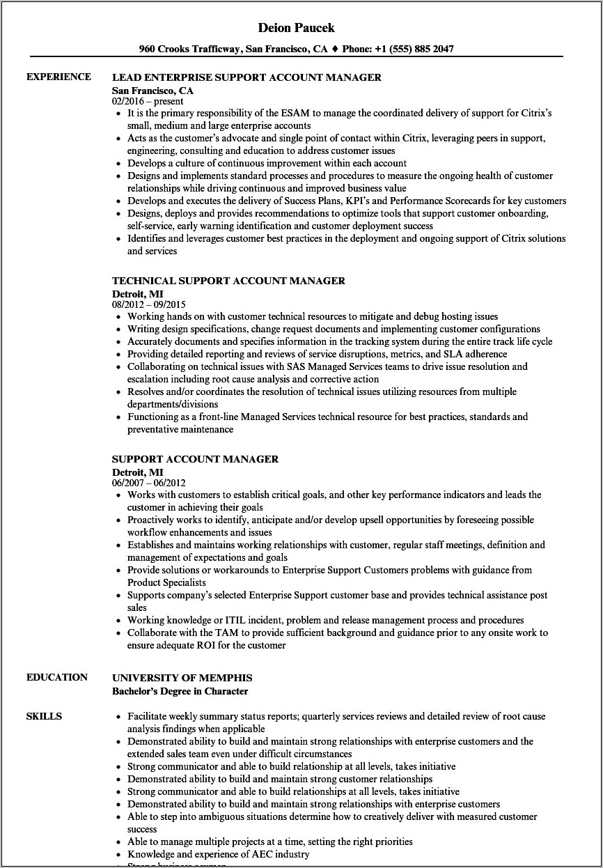 Tech Support Manager Resume Sample