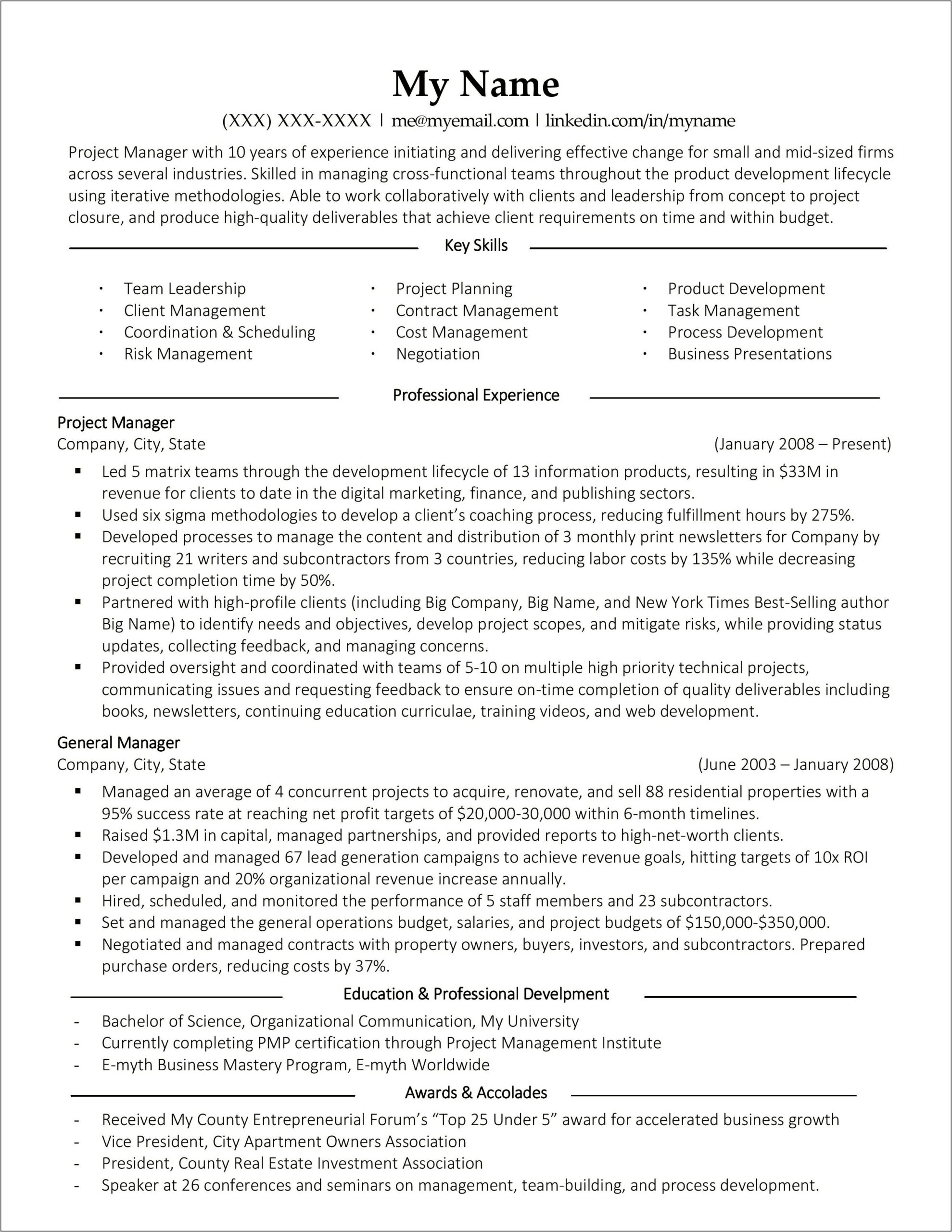Technical Project Manager Role Resume