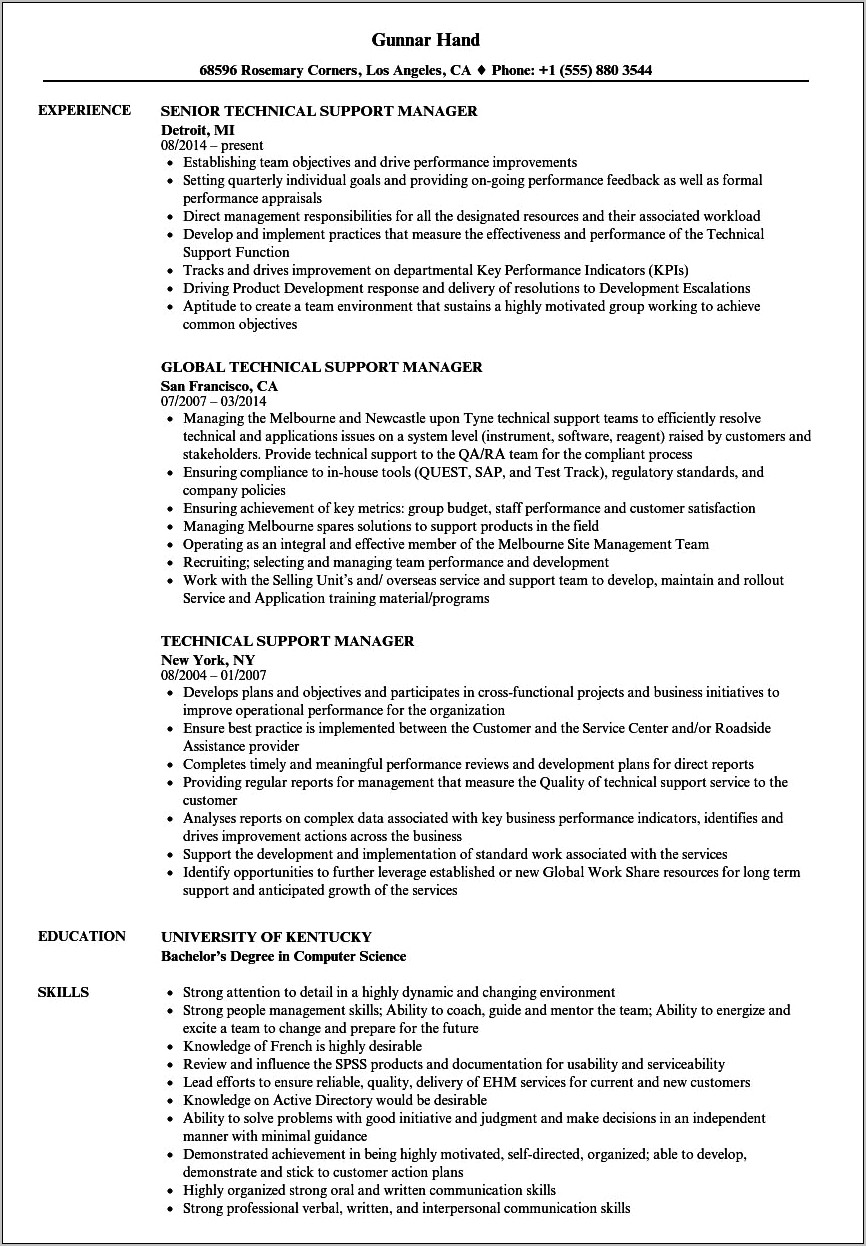 Technical Support Manager Resume Summary