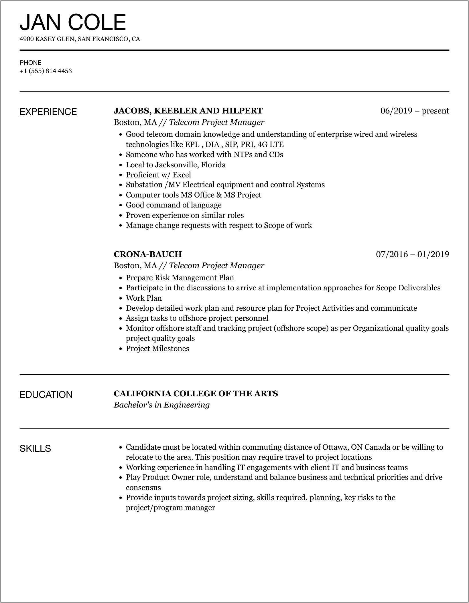Telecom Project Manager Resume Samples