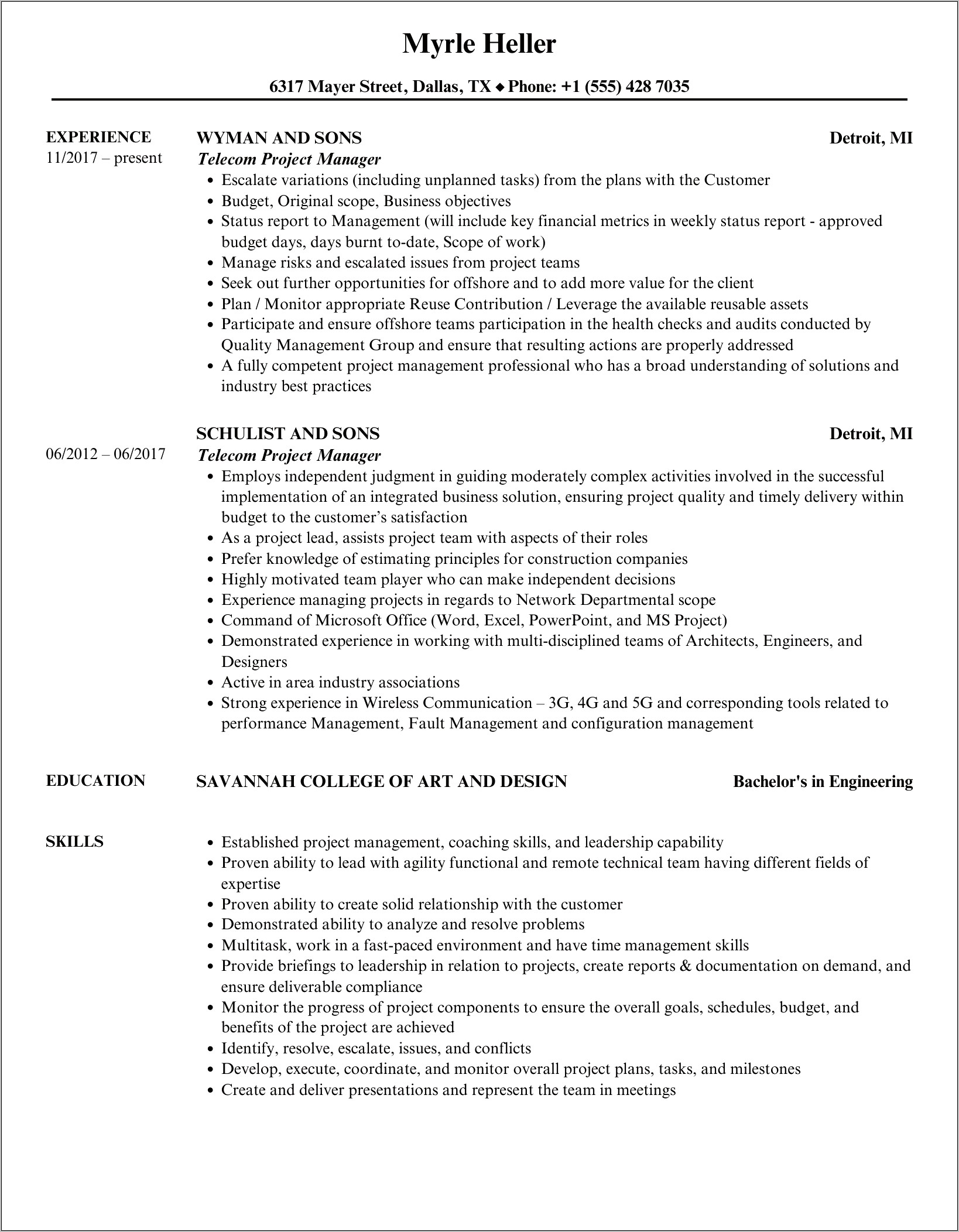 Telecommunications Project Manager Resume Samples