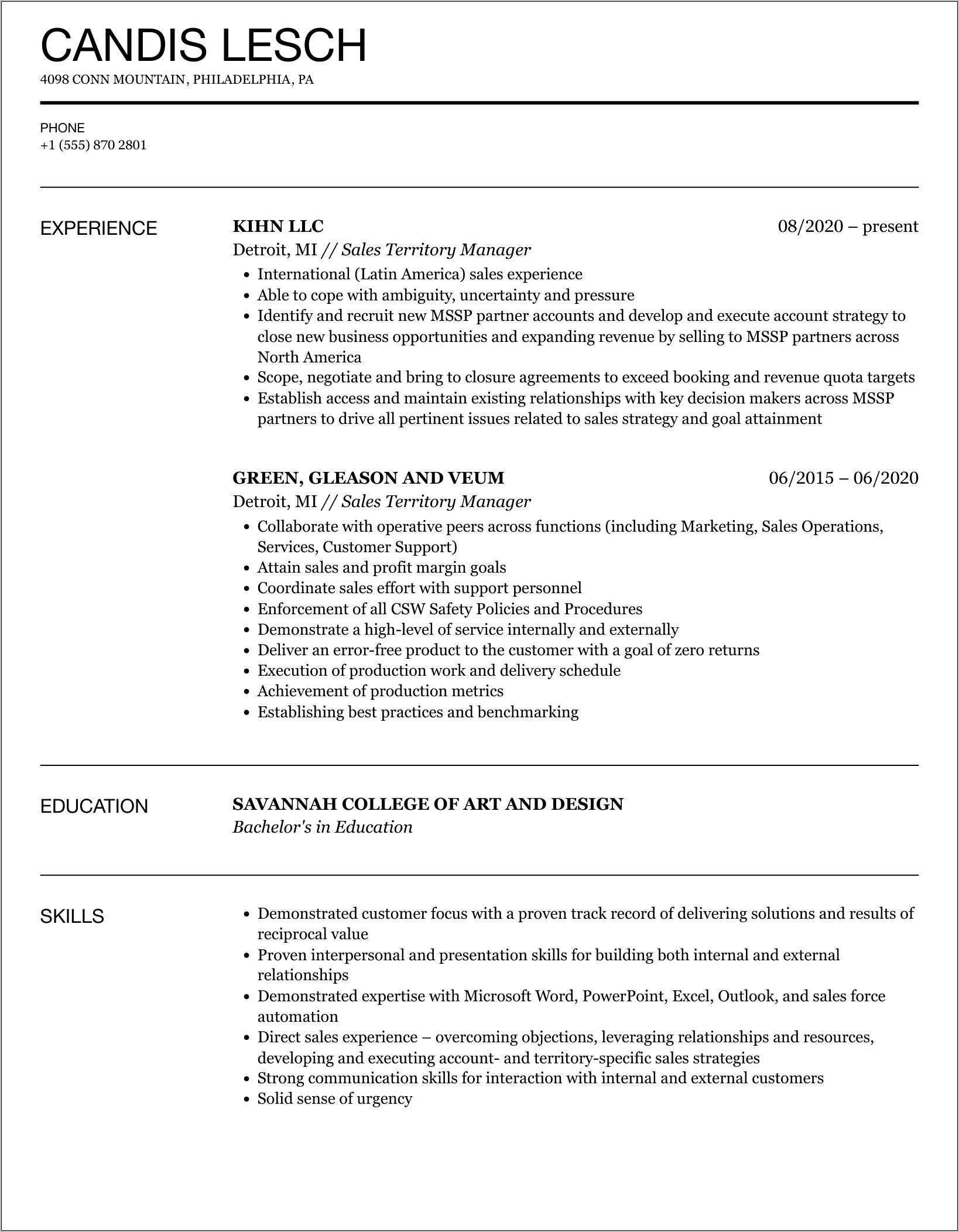 Territory Sales Manager Resume India