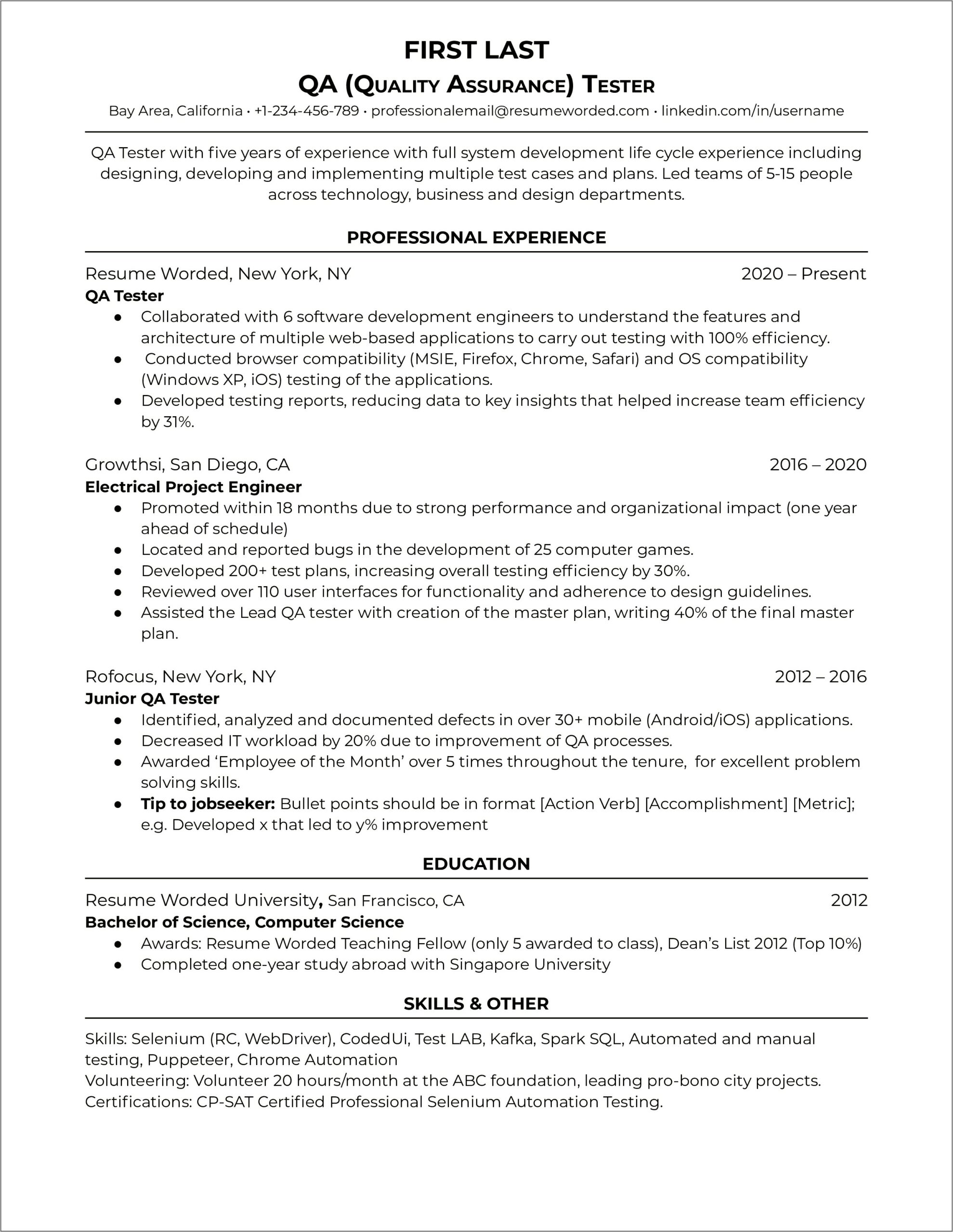 Test Engineer Job Description Resume