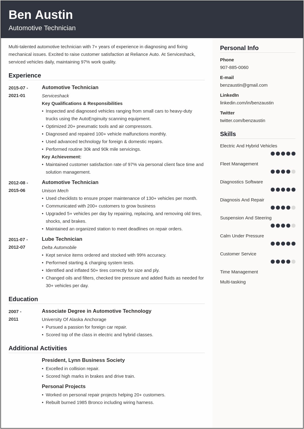 Tire Technician Job Description Resume