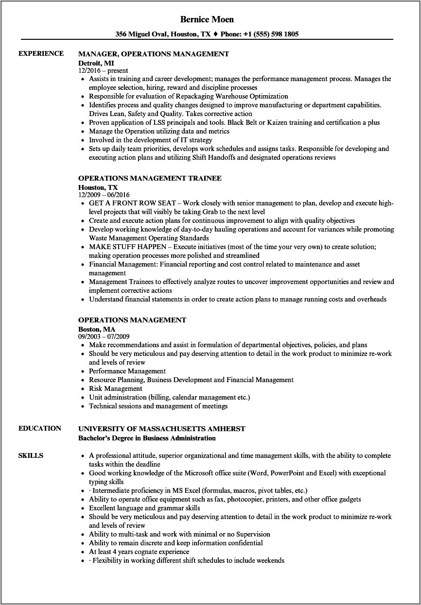 Title On Resume Operations Management