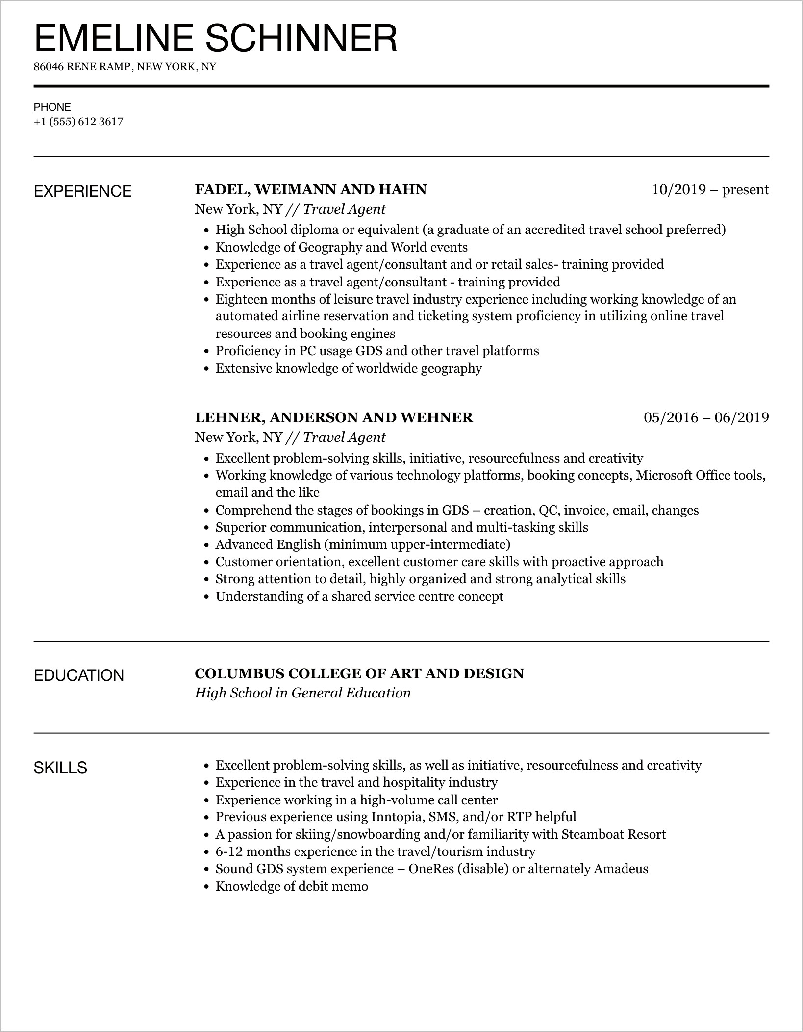 Travel Agency Agent Resume Examples