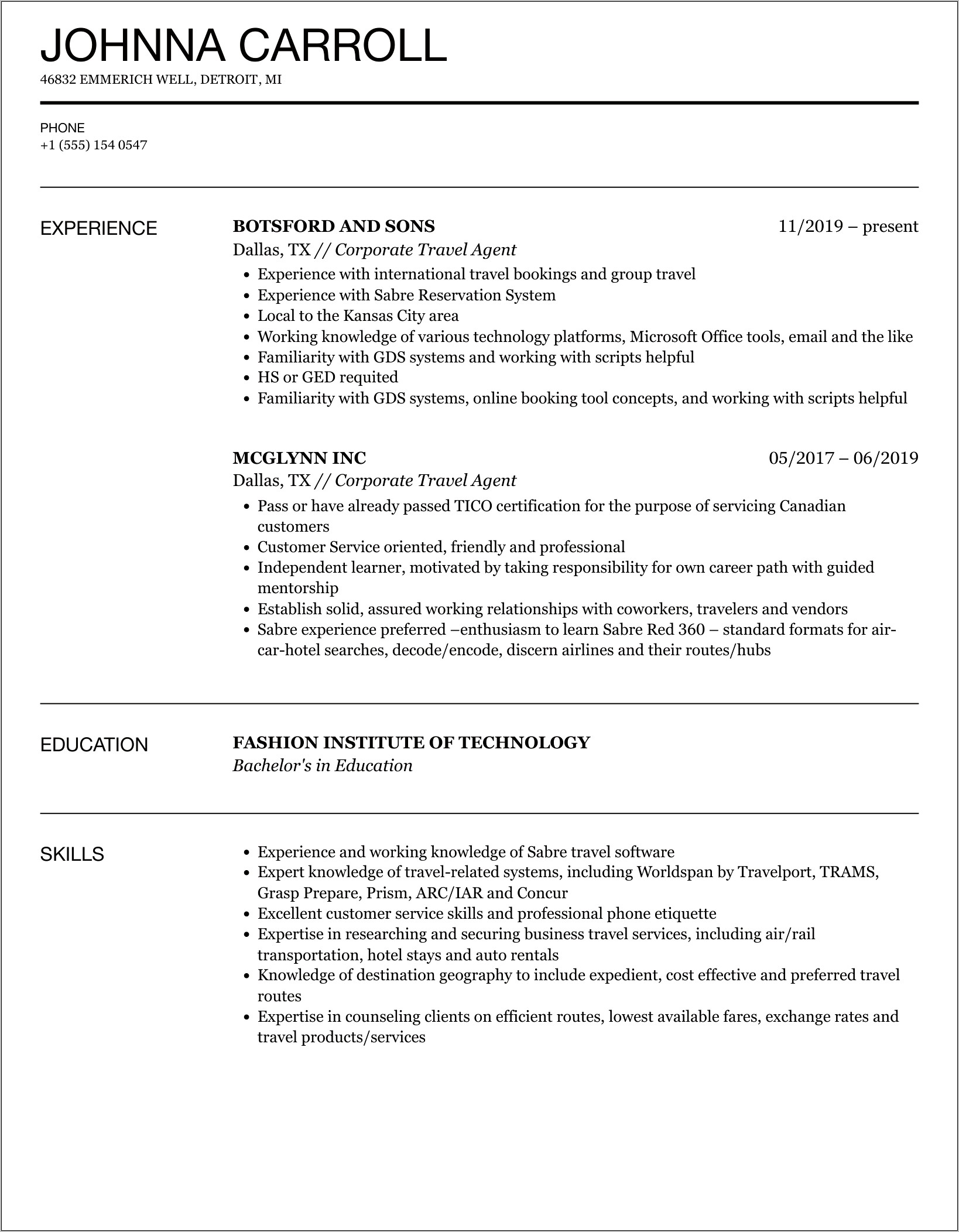 Travel Agent Resume Summary Examples