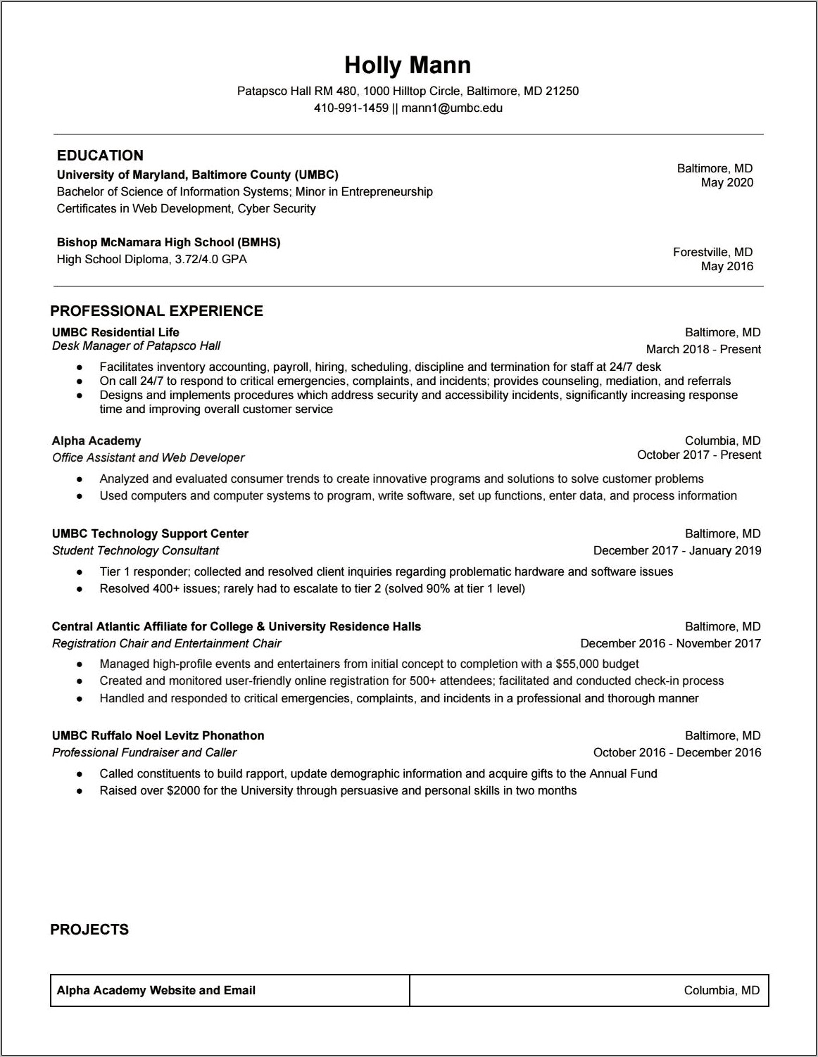 Umbc Career Center Example Resume