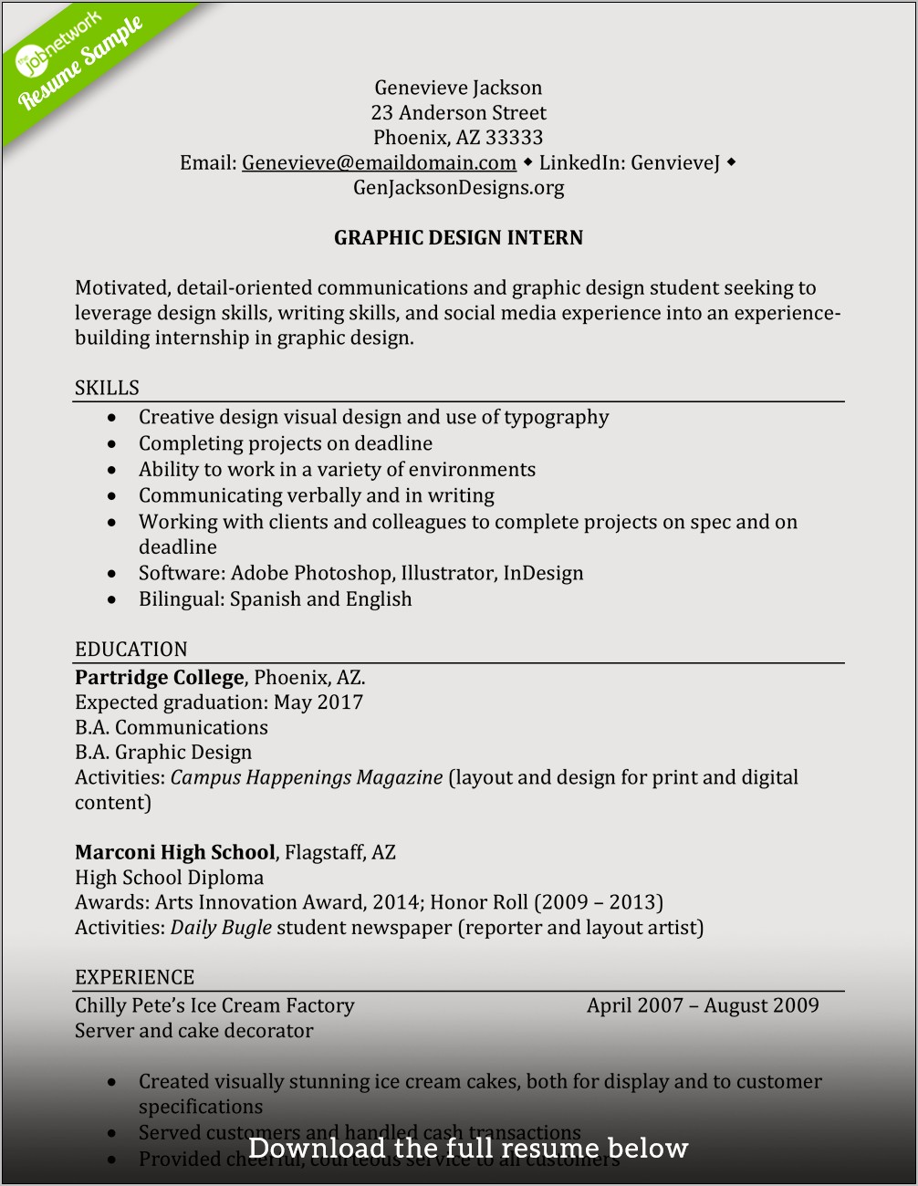 Undergraduate Resume Sample For Internship