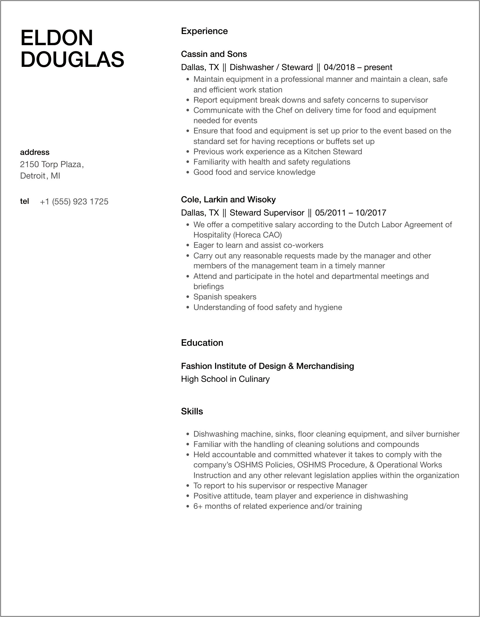 Union Steward Job Description Resume