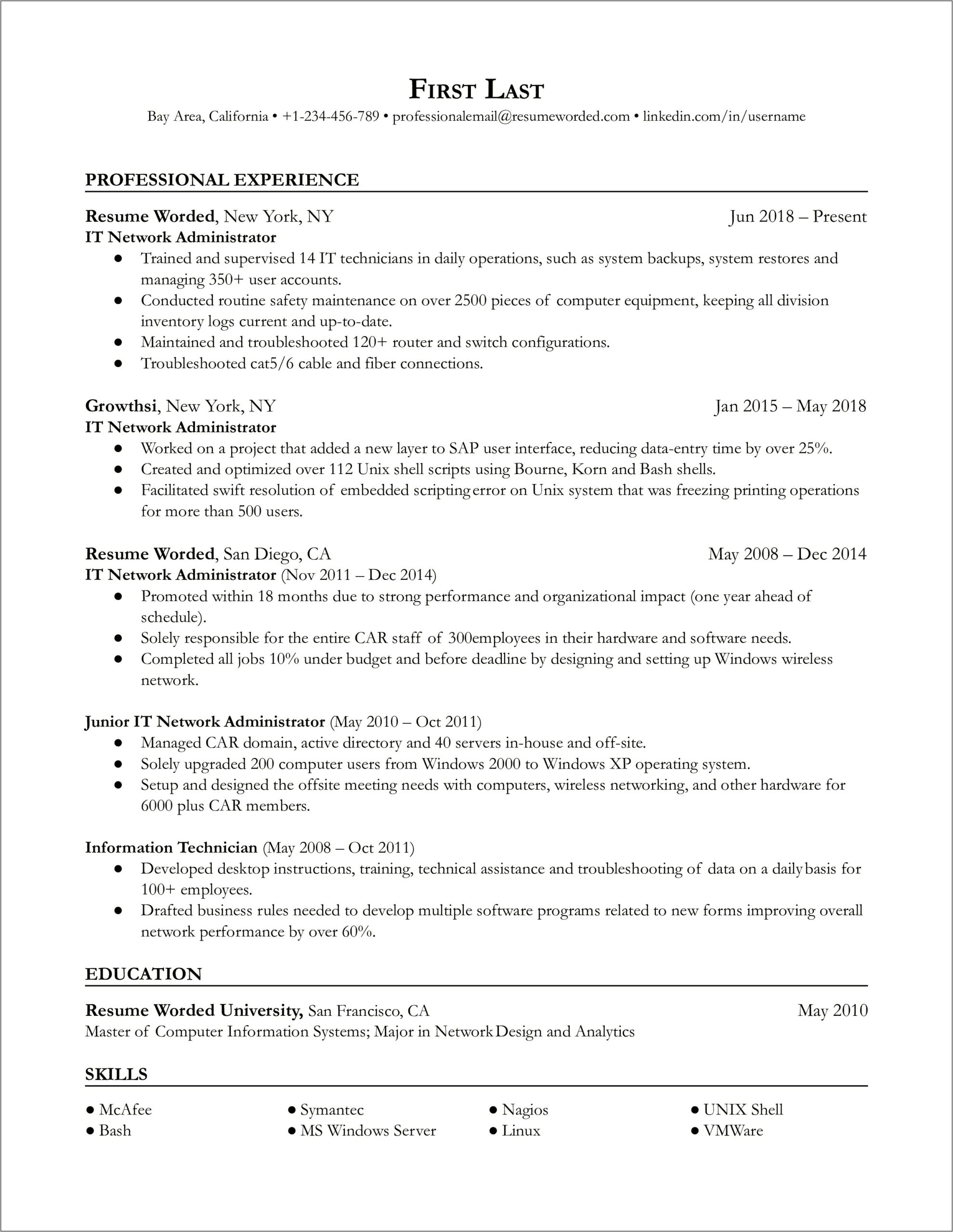 Unix Systems Administrator Resume Examples
