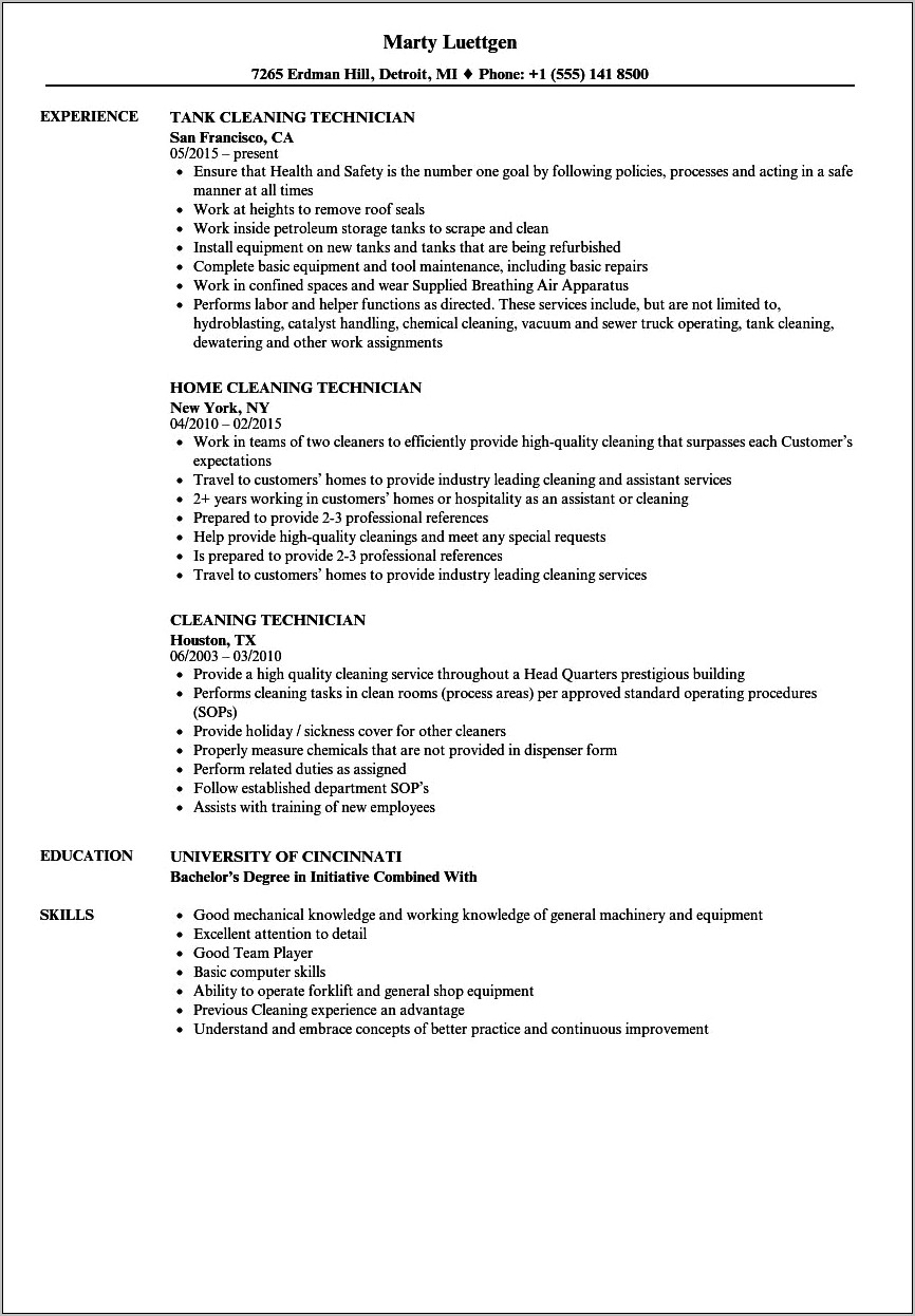 Vacation Rental Cleaner Resume Example