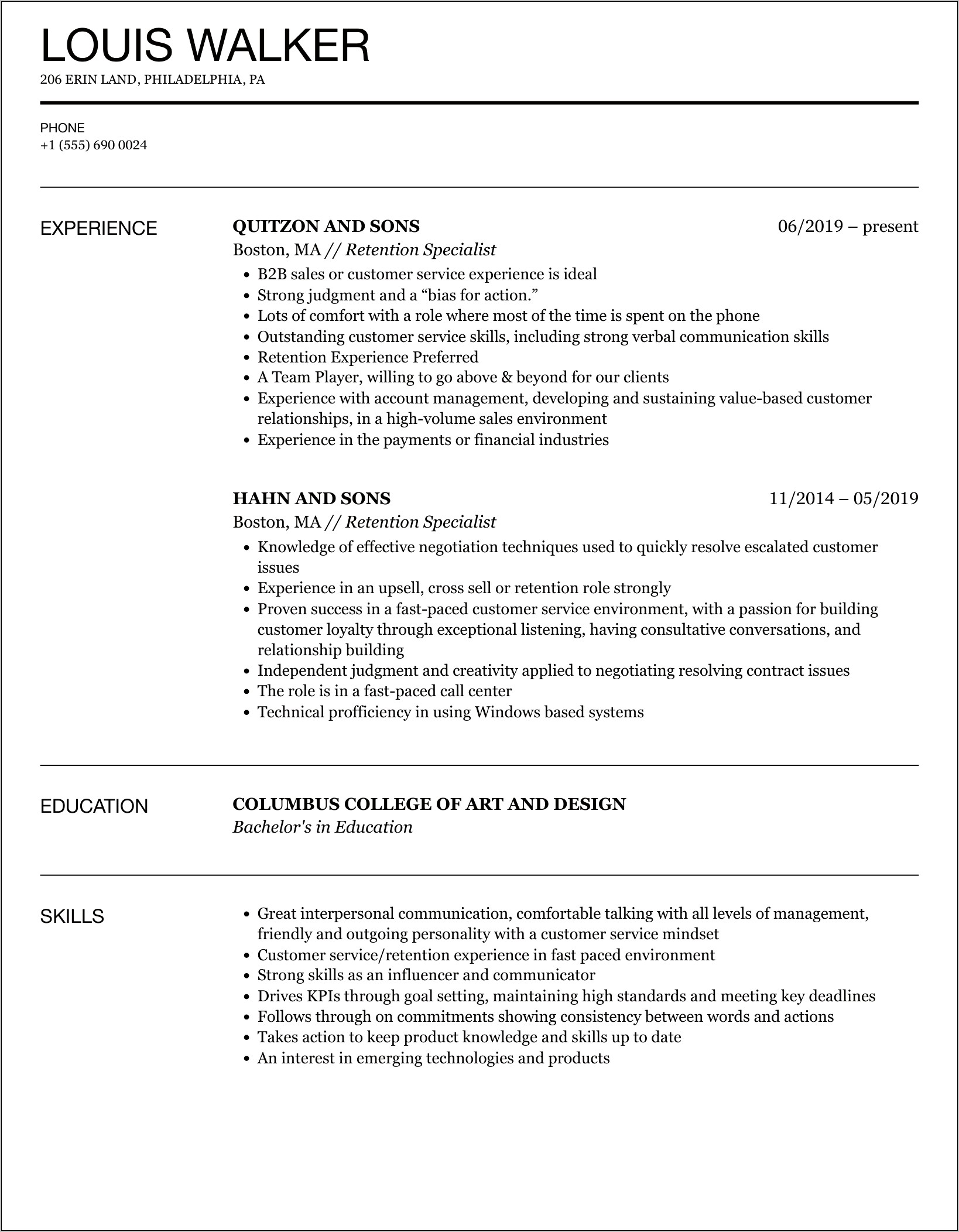 Verizon Retention Specialist Resume Examples