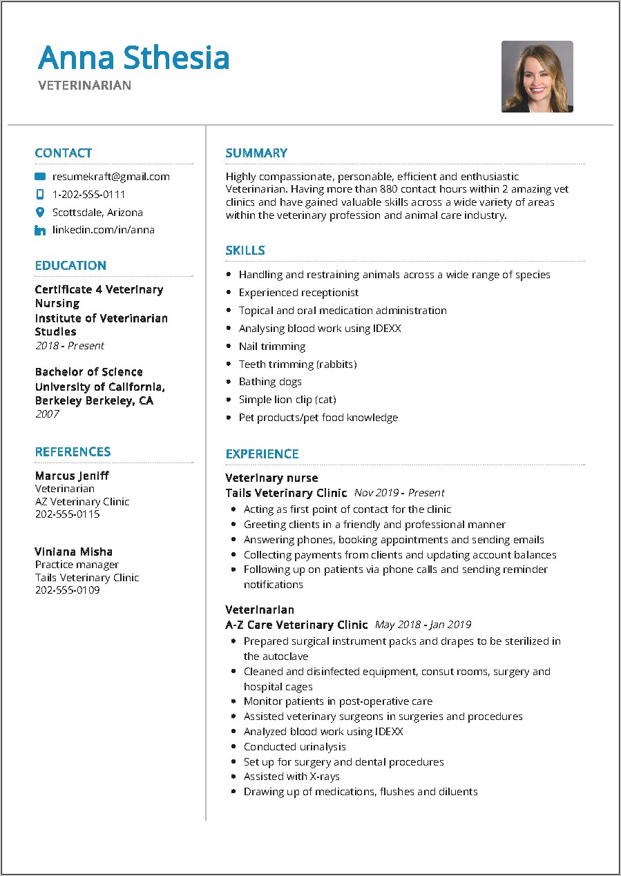 Veterinary Receptionist Job Description Resume