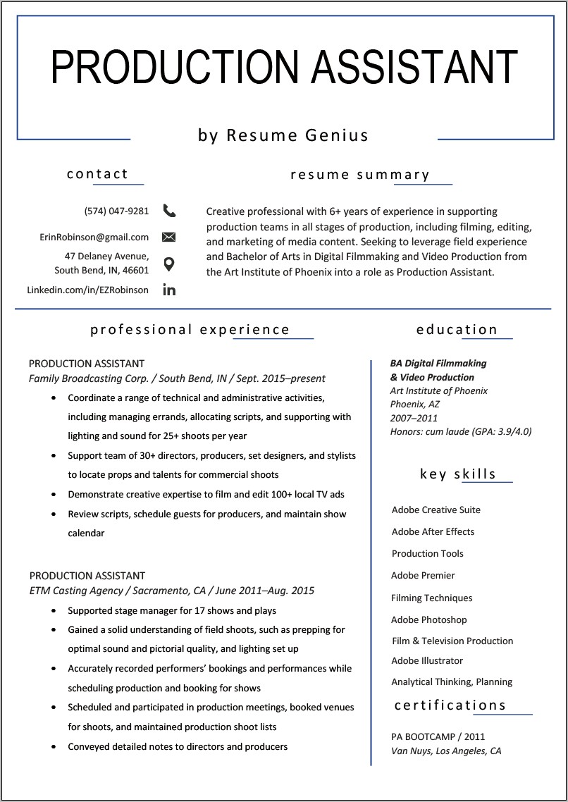 Videographer Experience For Resume Sample