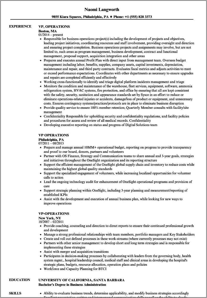 Vp Supply Chain Resume Examples