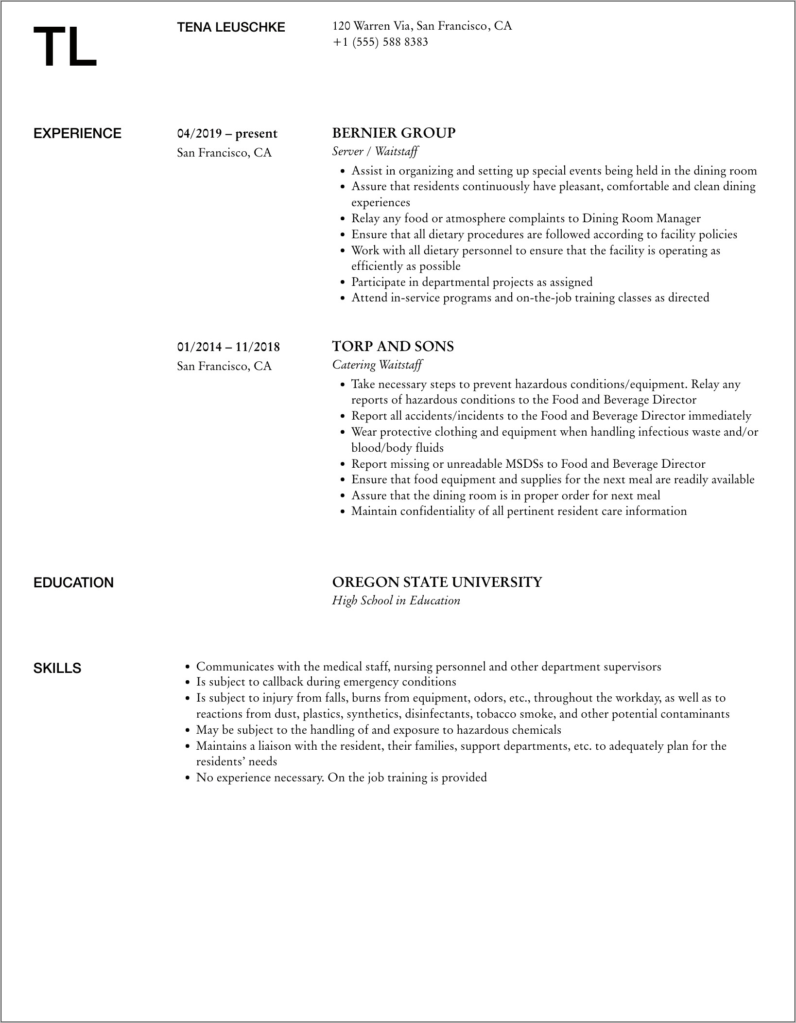 Wait Staff Job Objective Resume
