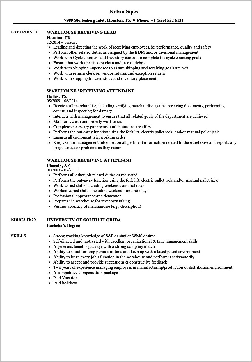 Warehouse Jobs Description For Resume