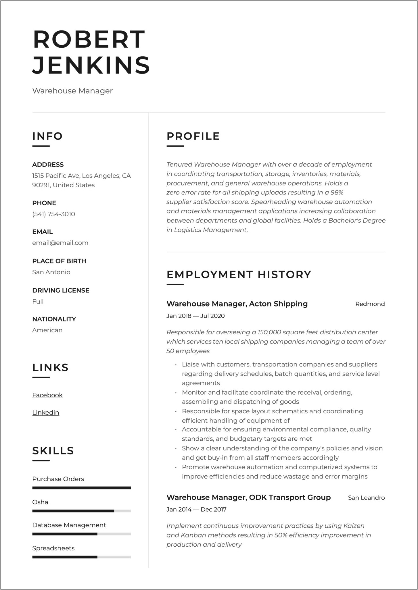 Warehouse Manager Resume Bullet Points