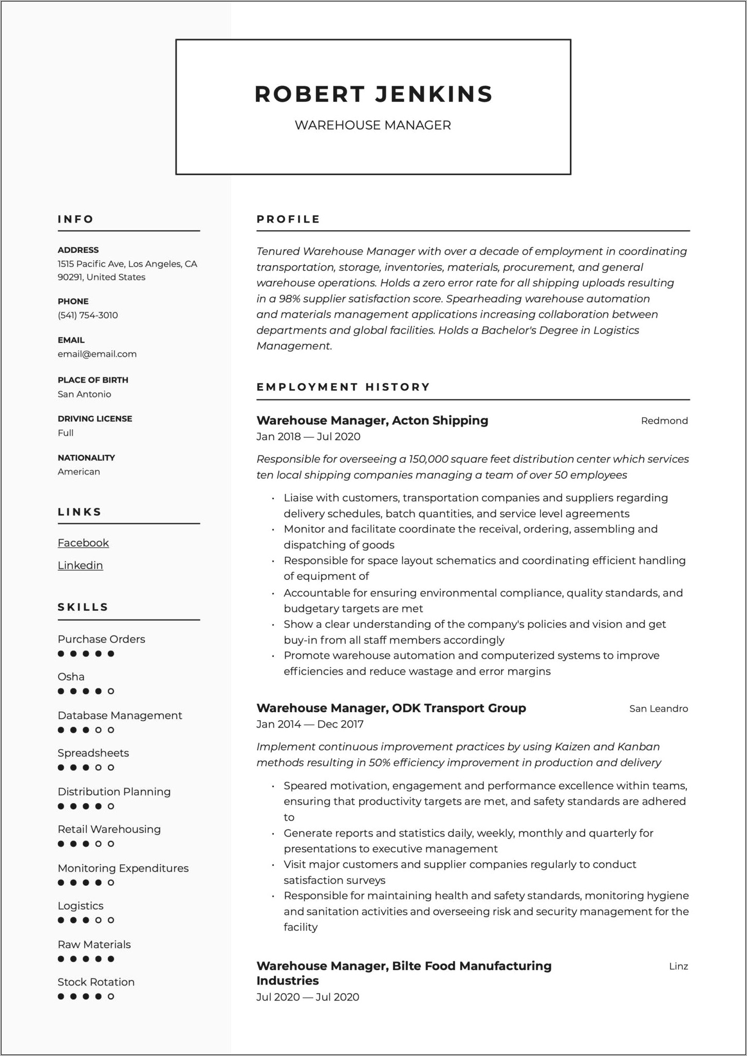 Warehouse Manager Resume With Erp