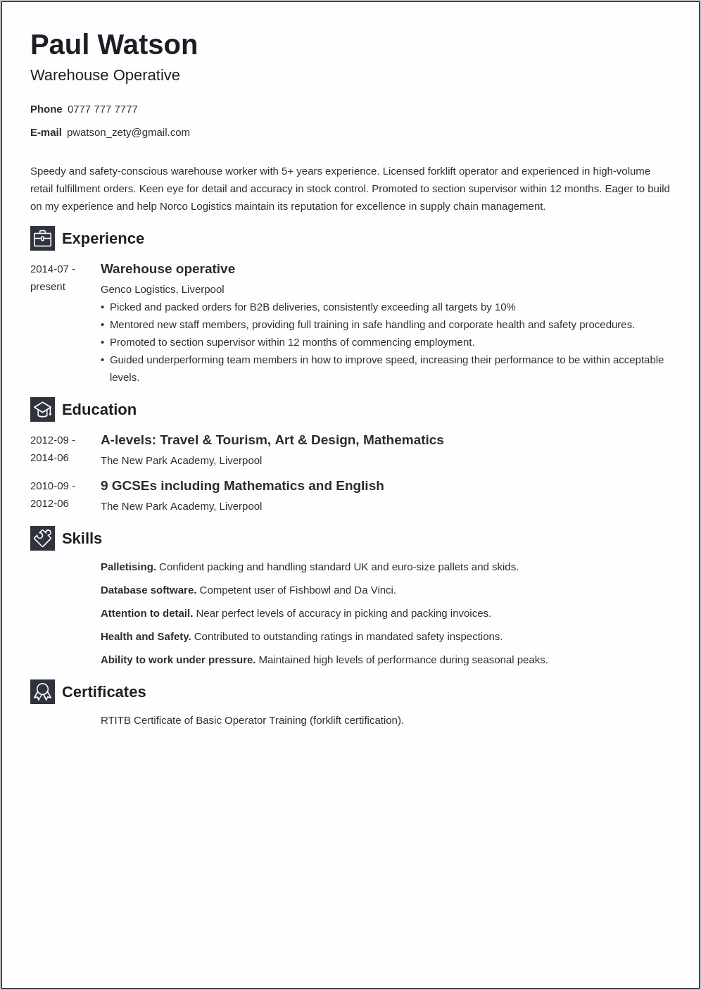 Warehouse Resume Examples With Experience