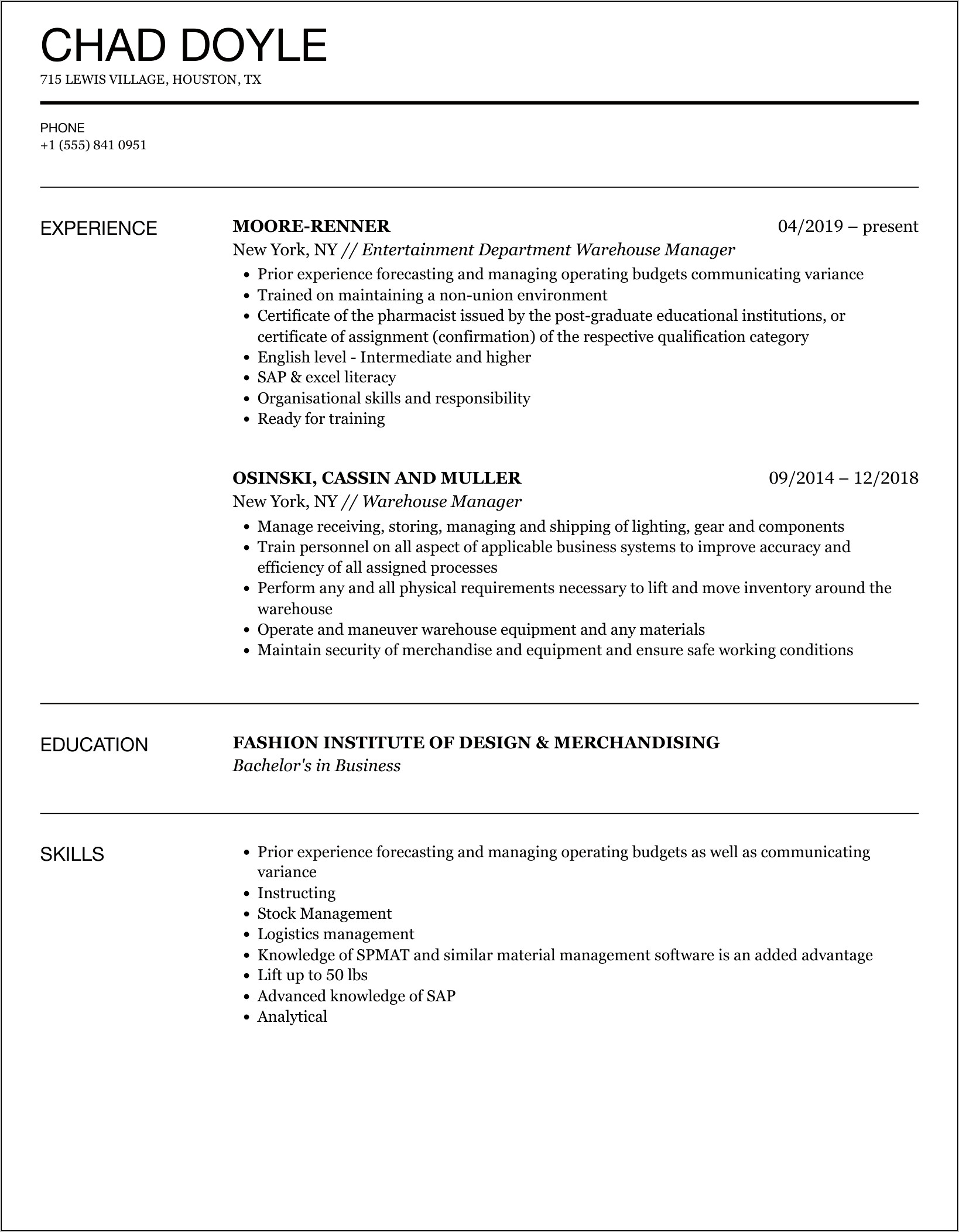 Warehouse Skills List For Resume