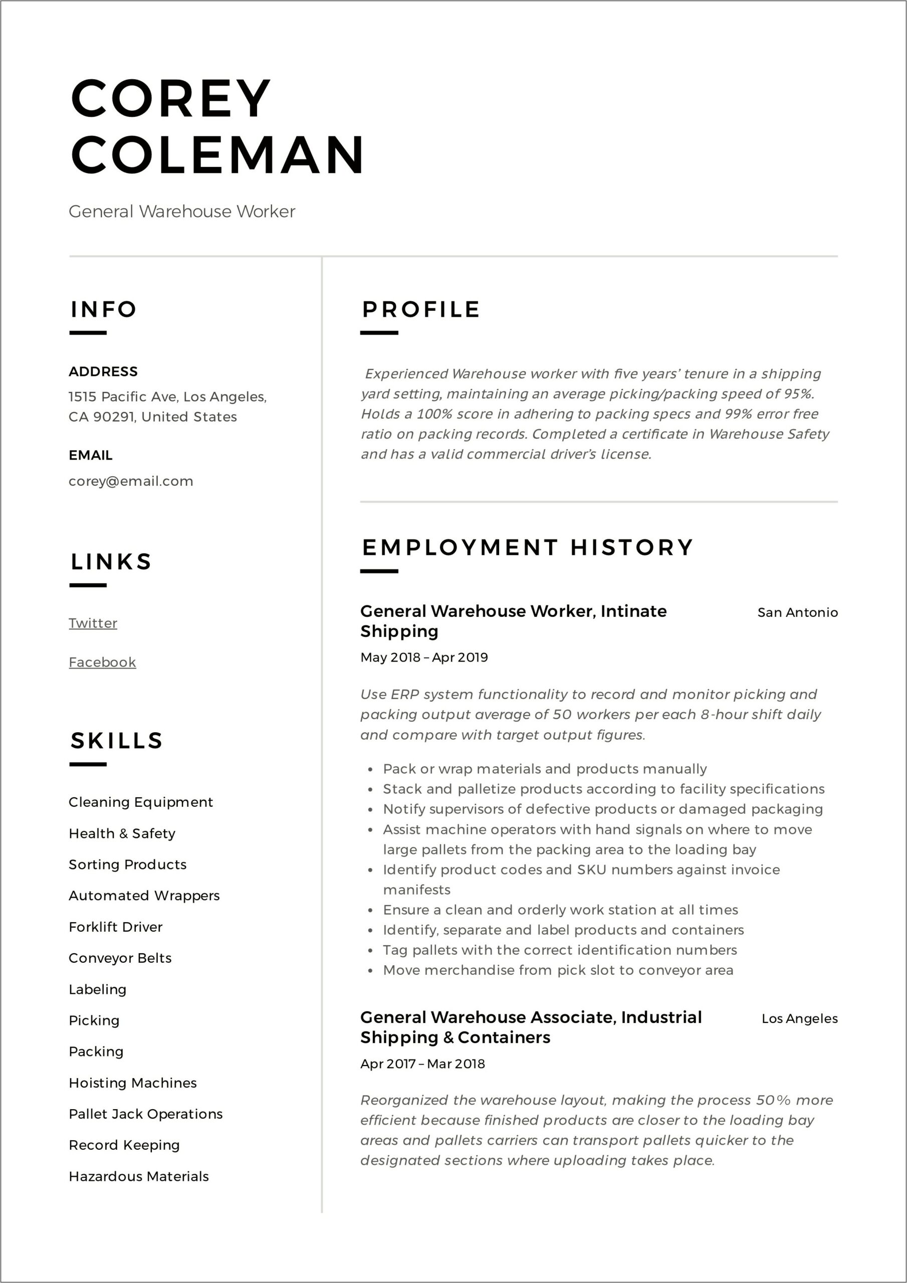 Warehouse Worker Resume Examples Samples