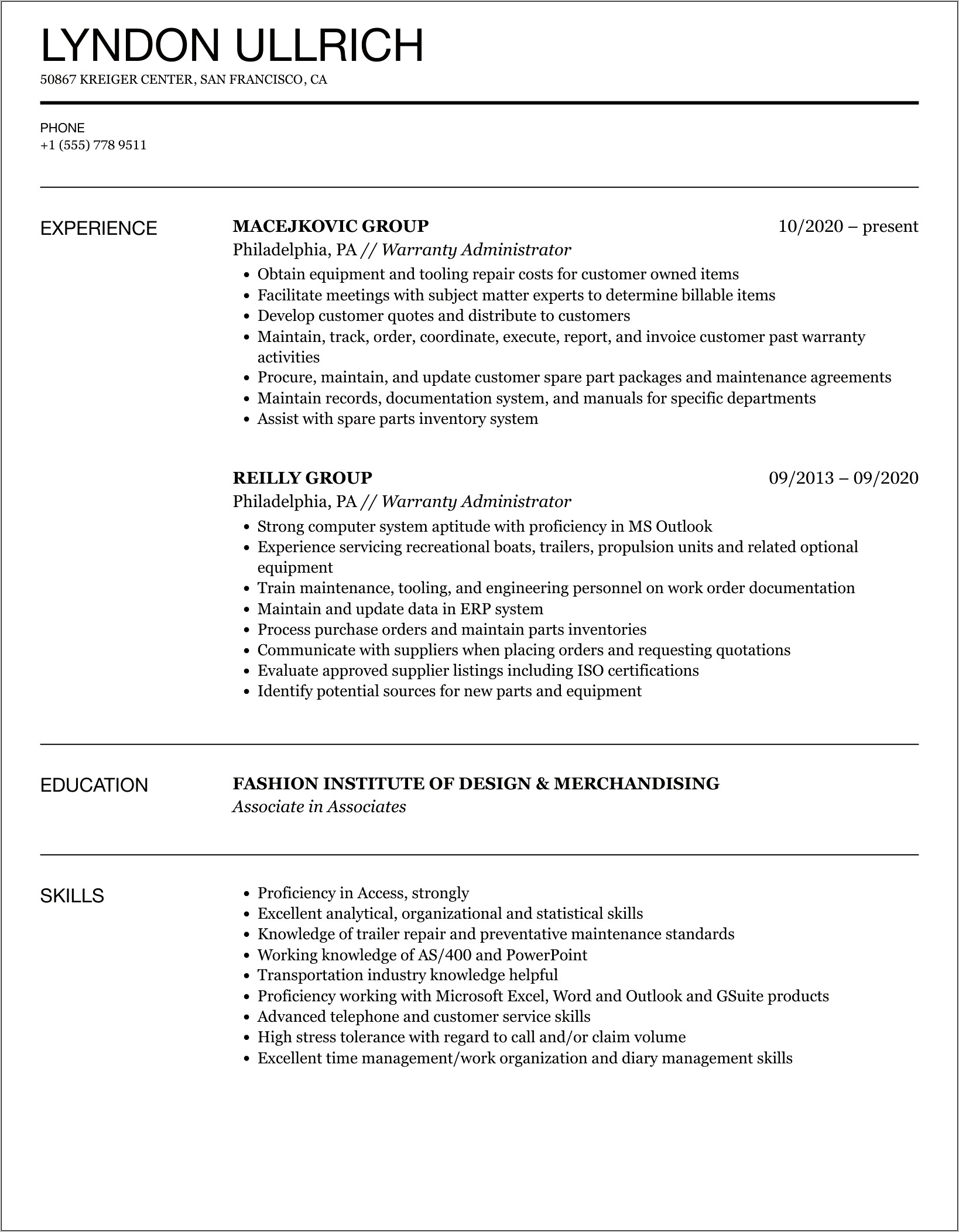 Warranty Claims Specialist Resume Examples