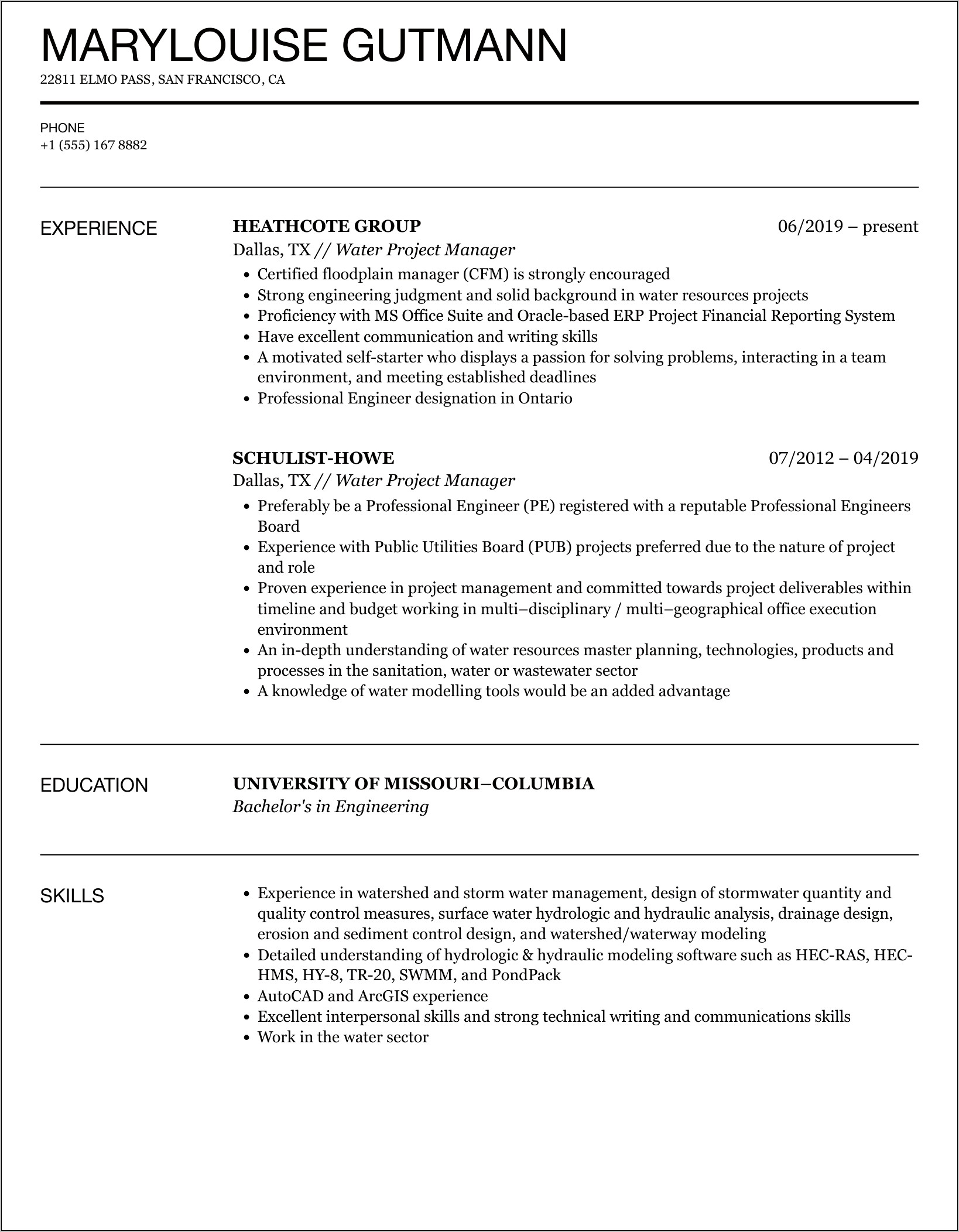 Water Quality Specialist Resume Sample